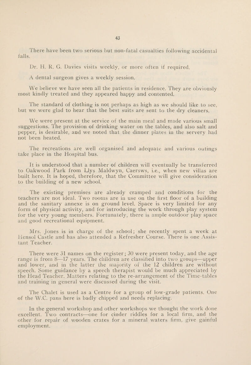 There have been two serious but non-fatal casualties following accidental falls. Dr. H. R. G. Davies visits weekly, or more often if required. A dental surgeon gives a weekly session. We believe we have seen all the patients in residence. They are obviously most kindly treated and they appeared happy and contented. The standard of clothing is not perhaps as high as we should like to see, but we were glad to hear that the best suits are sent to the dry cleaners. We were present at the service of the main meal and made various small suggestions. The provision of drinking water on the tables, and also salt and pepper, is desirable, and we noted that the dinner plates in the servery had not been heated. The recreations are well organised and adequate and various outings take place in the Hospital bus. It is understood that a number of children will eventually be transferred to Oakwood Park from Rlys Maldwyn, Caersws, i.e., when new villas are built here. It is hoped, therefore, that the Committee will give consideration to the building of a new school. The existing premises are already cramped and conditions for the teachers are not ideal. Two rooms are in use on the first floor of a building and the sanitary annexe is on ground level. Space is very limited for any form of physical activity, and for introducing the work through play system for the very young members. Fortunately, there is ample outdoor play space and good recreational equipment. Mrs. Jones is in charge of the school; she recently spent a week at Hensol Castle and has also attended a Refresher Course. There is one Assis¬ tant Teacher. There were 31 names on the register; 30 were present today, and the age range is from 8—17 years. The children are classified into two groups—upper and lower, and in the latter the majority of the 12 children are without speech. Some guidance by a speech therapist would be much appreciated by the Head Teacher. Matters relating to the re-arrangement of the Time-tables and training in general were discussed during the visit. The Chalet is used as a Centre for a group of low-grade patients. One of the W.C. pans here is badly chipped and needs replacing. In the general workshop and other workshops we thought the work done excellent. Two contracts—one for cinder riddles for a local firm, and the other for repair of wooden crates for a mineral waters firm, give gainful employment.