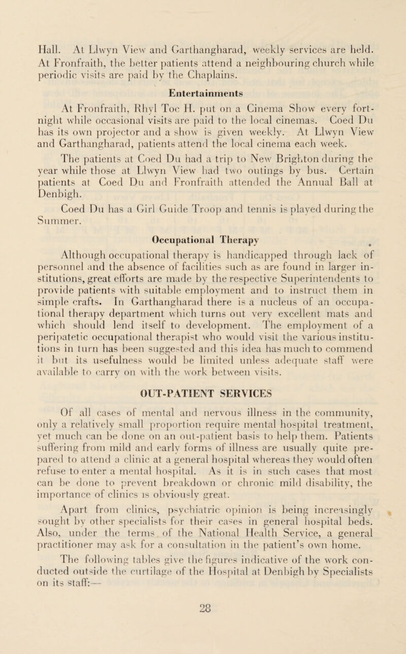 Hall. At Llwyn View and Garthangharad, weekly services are held. At Fronfraith, the better patients attend a neighbouring church while periodic visits are paid by the Chaplains. Entertainments At Fronfraith, Rhyl Toe H. put on a Cinema Show every fort¬ night while occasional visits are paid to the local cinemas. Coed Du has its own projector and a show is given wTeekly. At Llwyn View and Garthangharad, patients attend the local cinema each week. The patients at Coed Du had a trip to New Brighton during the year while those at Llwyn View had two outings by bus. Certain patients at Coed Du and Fronfraith attended the Annual Ball at Denbigh. Coed Du has a Girl Guide Troop and tennis is played during the Summer. Occupational Therapy Although occupational therapy is handicapped through lack of personnel and the absence of facilities such as are found in larger in¬ stitutions, great efforts are made by the respective Superintendents to provide patients with suitable employment and to instruct them in simple crafts. In Garthangharad there is a nucleus of an occupa¬ tional therapy department which turns out very excellent mats and which should lend itself to development. The employment of a peripatetic occupational therapist who would visit the various institu¬ tions in turn has been suggested and this idea has much to commend it but its usefulness would be limited unless adequate staff were available to carry on with the work between visits. J OUT-PATIENT SERVICES Of all cases of mental and nervous illness in the community, only a relatively small proportion require mental hospital treatment, yet much can be done on an out-patient basis to help them. Patients suffering from mild and early forms of illness are usually quite pre¬ pared to attend a clinic at a general hospital whereas they would often refuse to enter a mental hospital. As it is in such cases that most can he done to prevent breakdown or chronic mild disability, the importance of clinics is obviously great. Apart from clinics, psychiatric opinion is being increasingly sought by other specialists for their cases in general hospital beds. Also, under the terms of the National Health Service, a general practitioner may ask for a consultation in the patient’s own home. The following tables give the figures indicative of the work con¬ ducted outside the curtilage of the Llospital at Denbigh by Specialists on its staff:—