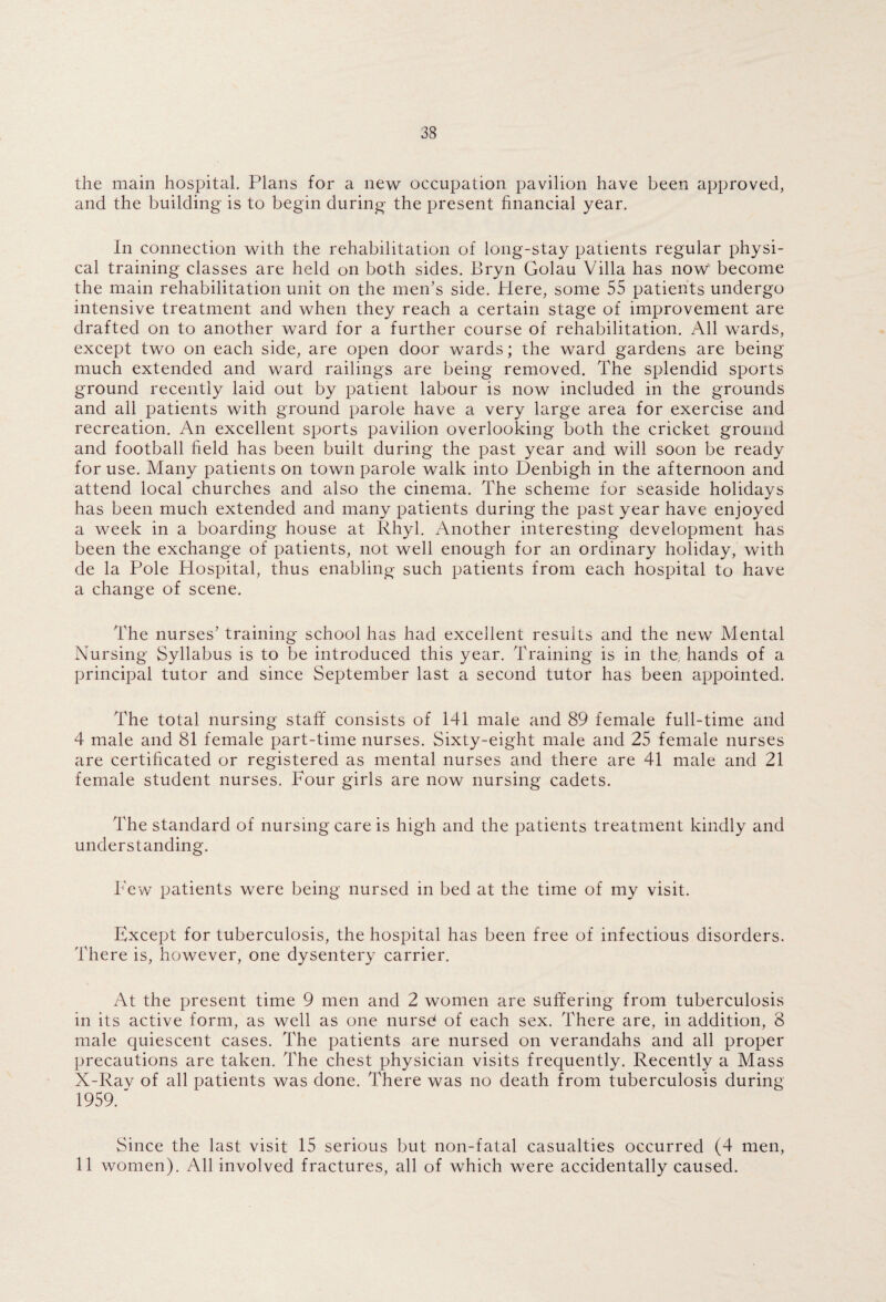 the main hospital. Plans for a new occupation pavilion have been approved, and the building is to begin during the present financial year. In connection with the rehabilitation of long-stay patients regular physi¬ cal training classes are held on both sides. Bryn Golau Villa has now' become the main rehabilitation unit on the men’s side. Plere, some 55 patients undergo intensive treatment and when they reach a certain stage of improvement are drafted on to another ward for a further course of rehabilitation. All wards, except two on each side, are open door wards; the ward gardens are being much extended and ward railings are being removed. The splendid sports ground recently laid out by patient labour is now included in the grounds and all patients with ground parole have a very large area for exercise and recreation. An excellent sports pavilion overlooking both the cricket ground and football held has been built during the past year and will soon be ready for use. Many patients on town parole walk into Denbigh in the afternoon and attend local churches and also the cinema. The scheme for seaside holidays has been much extended and many patients during the past year have enjoyed a week in a boarding house at Rhyl. Another interesting development has been the exchange of patients, not well enough for an ordinary holiday, with de la Pole PLospital, thus enabling such patients from each hospital to have a change of scene. The nurses’ training school has had excellent results and the new Mental Nursing Syllabus is to be introduced this year. Training is in the, hands of a principal tutor and since September last a second tutor has been appointed. The total nursing staff consists of 141 male and 89 female full-time and 4 male and 81 female part-time nurses. Sixty-eight male and 25 female nurses are certificated or registered as mental nurses and there are 41 male and 21 female student nurses. Four girls are now nursing cadets. The standard of nursing care is high and the patients treatment kindly and understanding. Few patients were being nursed in bed at the time of my visit. Except for tuberculosis, the hospital has been free of infectious disorders. There is, however, one dysentery carrier. At the present time 9 men and 2 women are suffering from tuberculosis in its active form, as well as one nurse! of each sex. There are, in addition, 8 male quiescent cases. The patients are nursed on verandahs and all proper precautions are taken. The chest physician visits frequently. Recently a Mass X-Rav of all patients was done. There was no death from tuberculosis during 1959.' Since the last visit 15 serious but non-fatal casualties occurred (4 men, 11 women). All involved fractures, all of which were accidentally caused.