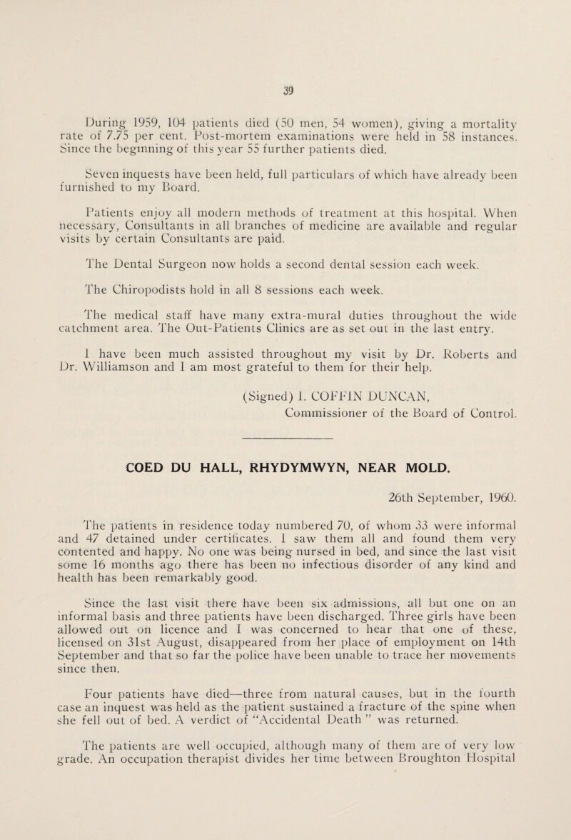 During 1959, 104 patients died (50 men, 54 women), giving a mortality rate of 775 per cent. Post-mortem examinations were held in 58 instances. Since the beginning of this year 55 further patients died. Seven inquests have been held, full particulars of which have already been furnished to my Board. Patients enjoy all modern methods of treatment at this hospital. When necessary, Consultants in all branches of medicine are available and regular visits by certain Consultants are paid. The Dental Surgeon now holds a second dental session each week. The Chiropodists hold in all 8 sessions each week. The medical staff have many extra-mural duties throughout the wide catchment area. The Out-Patients Clinics are as set out in the last entry. 1 have been much assisted throughout my visit by Dr. Roberts and Dr. Williamson and I am most grateful to them for their help. (Signed) 1. COFFIN DUNCAN, Commissioner of the Board of Control. COED DU HALL, RHYDYMWYN, NEAR MOLD. 26th September, 1960. The patients in residence today numbered 70, of whom 33 were informal and 47 detained under certificates. 1 saw them all and found them very contented and happy. No one was being nursed in bed, and since the last visit some 16 months ago there has been no infectious disorder of any kind and health has been remarkably good. Since the last visit there have been six admissions, all but one on an informal basis and three patients have been discharged. Three girls have been allowed out on licence and I was concerned to hear that one of these, licensed on 31st August, disappeared from her place of employment on 14th September and that so far the police have been unable to trace her movements since then. Four patients have died—three from natural causes, but in the fourth case an inquest was held as the patient sustained a fracture of the spine when she fell out of bed. A verdict of “Accidental Death ” was returned. The patients are well occupied, although many of them are of very low grade. An occupation therapist divides her time between Broughton Hospital