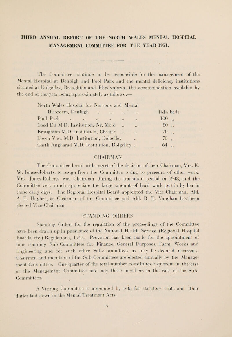 THIRD ANNUAL REPORT OF THE NORTH WALES MENTAL HOSPITAL MANAGEMENT COMMITTEE FOR THE YEAR 1951. Tlie Committee continue to be responsible for the management of the Mental Hospital at Denbigh and Pool Park and the mental deficiency institutions situated at Dolgelley, Broughton and Rhydymwyn, the accommodation available by the end of the year being approximately as follows :— Nortli Wales Hospital for Nervous and Mental Disorders, Denbigh Pool Park Coed Du M.D. Institution, Nr. Mold Broughton M.D. Institution, Chester Liwyn View M.D. Institution, Dolgelley Garth Angharad M.D. Institution, Dolgelley .. 1414 beds 100 „ 80 „ 70 „ 70 „ CHAIRMAN The Committee heard with regret of the decision of their Chairman, Mrs. K. W. Jones-Roberts, to resign from the Committee owing to pressure of other work. Mrs. Jones-Roberts was Chairman during the transition period in 1948, and the Committee very much appreciate the large amount of hard work put in by her in those early days. The Regional Hospital Board appointed the Vice-Chairman, Aid. A. E. Hughes, as Chairman of the Committee and Aid. R. T. Vaughan has been elected Vice-Chairman. STANDING ORDERS Standing Orders for the regulation of the proceedings of the Committee have been drawn up in pursuance of the National Health Service (Regional Hospital Boards, etc.) Regulations, 1947. Provision has been made for the appointment of four standing Sub-Committees for Finance, General Purposes, Farm, Works and Engineering and for such other Sub-Committees as may be deemed necessary. Chairmen and members of the Sub-Committees are elected annually by the Manage¬ ment Committee. One quarter of the total number constitutes a quorom in the case of the Management Committee and any three members in the case of the Sub¬ committees. A Visiting Committee is appointed by rota for statutory visits and other duties laid down in the Mental Treatment Acts.