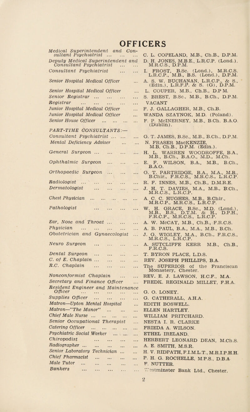 OFFICERS Medical Superintendent and Con¬ sultant Psychiatrist. Deputy Medical Superintendent and Consultant Psychiatrist Consultant Psychiatrist . Senior Hospital Medical Officer Senior Hospital Medical Officer Senior Registrar. Registrar . Junior Hospital Medical Officer Junior Hospital Medical Officer Senior House Officer . PART-TIME CONSULTANTS:— Consultant Psychiatrist. Mental Deficiency Adviser . General Surgeon. Ophthalmic Surgeon . Orthopaedic Surgeon . Radiologist ... ... ... . Dermatologist . Chest Physician . Pathologist . Ear, Nose and Throat. Physician . Obstetrician and Gynaecologist ... Neuro Surgeon . Dental Surgeon . C. of E. Chaplain. R.C. Chaplain . Nonconformist Chaplain . Secretary and Finance Officer Resident Engineer and Maintenance Officer . Supplies Officer . Matron—Upton Mental Hospital Matron—“The Manor“ . Chief Male Nurse. Senior Occupational Therapist Catering Officer . Psychiatric Social Worker . ... Chiropodist . Radiographer. Senior Laboratory Technician. Chief Pharmacist . Male Tutor . Bankers . C. L. COPELAND. M.B., Ch.B.. D.P.M. D. H. JONES, M.B.E., L.R.C.P. (Lond.), M.R.C.S., D.P.M. I. FROST, B.Sc. (Lond.), M.R.C.S. L. R.C.P., M.B., B.S. (Lond.), D.P.M. A. S. W. BUCHANAN, L.R.C.P., & S„ (Edin.), L.R.F.P. & S. (G), D.P.M. L. COUPER, M.B., Ch.B., D.P M. S. BREST, B.Sc., M.B., B.Ch., D.P.M. VACANT F. J. GALLAGHER, M.B., Ch.B. WANDA SZAYNOK, M.D. (Poland). F. P. McINERNEY, M.B., B.Ch. B.A.O. (Dublin). G. T. JAMES, B.Sc., M-B., B.Ch., D.P.M. N. FRASER MacKENZIE, M. B, Ch.B., D.P.M. (Edin.). H. L. WARREN WOODROFFE, B.A., M.B., B.Ch., B.A.O., M.D., M.Ch. E. F. WILSON, B.A., M.B., B.Ch., B.A.O. G. T. PARTRIDGE, B.A., M.A., M.B., B.Chir., F.R.C.S., M.R.C.S., L.R.C.P. R. F. INNES, M.B., Ch.B., D.M.R.E. J. H. T. DAVIES, M.A., M.B., B.Ch., M.R.C.S., L.R.C.P. A. C. C. HUGHES, M.B., B.Chir., M.R.C.P., M.R.C.S., L.R.C.P. W. H. GRACE, B.Sc., M.D. (Lond.), M.B., B.S., D.T.M. & H., D.P.H., F.R.C.P., M.R.C.S., L.R.C.P. A. W. McCAY, M.B., Ch.B., F.R.C.S. A. B. PAUL, B.A., M.A., M.B., B.Ch. J. G. WIGLEY, M.A., B.Ch., F.R.C.S., M.R.C.S., L.R.C.P. A. SUTCLIFFE KERR M.B., Ch.B., F.R.C.S. T. BYRON PLACE, L.D.S. REV. JOSEPH PHILLIPS, B.A. The SUPERIOR of the Franciscan Monastery, Chester. REV. E. J. LAWSON, H.C.F., M.A. FREDK. REGINALD MILLET, F.H.A. G. O. LONEY. G. CATHERALL, A.H.A. EDITH BOSWELL. ELLEN HARTLEY. WILLIAM PRITCHARD. NESTA I. R. CLARKE FRIEDA A. WILSON. ETHEL IRELAND. HERBERT LEONARD DEAN, M.Ch.S. A. E. SMITH, M.S.R. H. V. RIDPATH, F.I.M.L.T., M.R.I.P.H.H. P. H. G. ROCHELLE, M.P.S., D B A F. NUTTER. Westminster Bank Ltd., Chester,