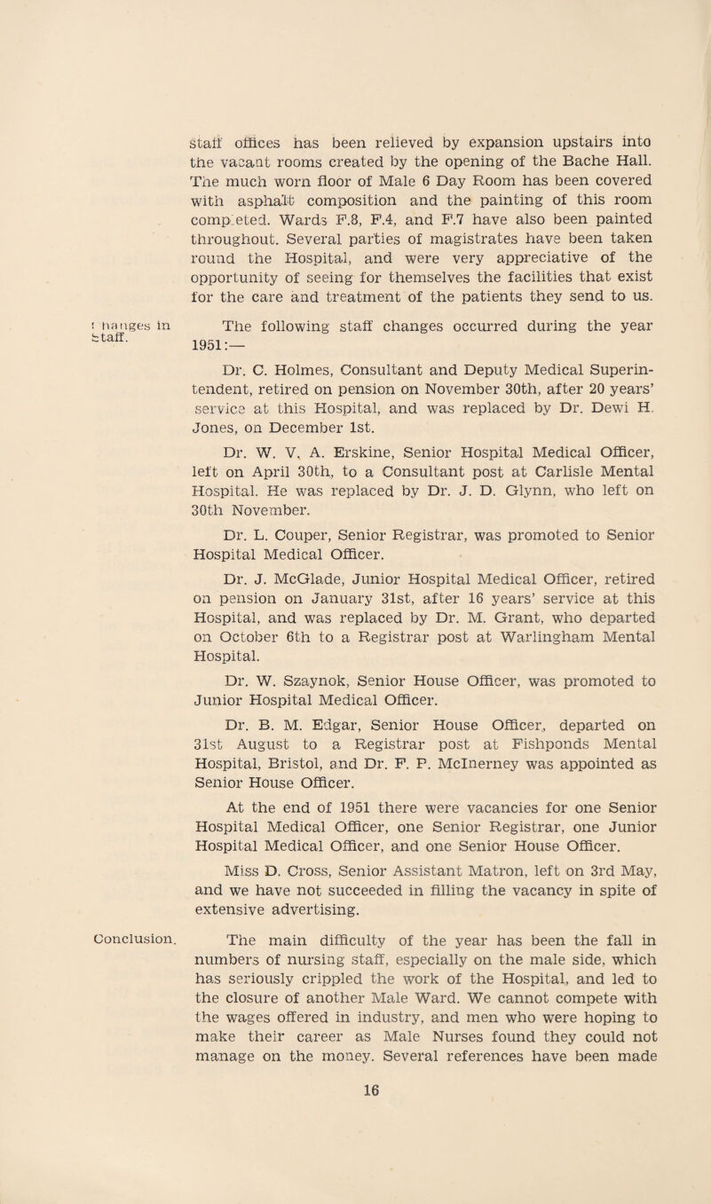 ! ha ages in fctaff. Conclusion. staff offices has been relieved by expansion upstairs into the vacant rooms created by the opening of the Bache Hall. The much worn floor of Male 6 Day Room has been covered with asphalt composition and the painting of this room completed. Wards F.8, FA, and F.7 have also been painted throughout. Several parties of magistrates have been taken round the Hospital, and were very appreciative of the opportunity of seeing for themselves the facilities that exist for the care and treatment of the patients they send to us. The following staff changes occurred during the year 1951:— Dr. C. Holmes, Consultant and Deputy Medical Superin¬ tendent, retired on pension on November 30th, after 20 years’ service at this Hospital, and was replaced by Dr. Dewi H, Jones, on December 1st. Dr. W. V, A. Erskine, Senior Hospital Medical Officer, left on April 30th, to a Consultant post at Carlisle Mental Hospital. He was replaced by Dr. J. D. Glynn, who left on 30th November. Dr. L. Couper, Senior Registrar, was promoted to Senior Hospital Medical Officer. Dr. J. McGlade, Junior Hospital Medical Officer, retired on pension on January 31st, after 18 years’ service at this Hospital, and was replaced by Dr. M. Grant, who departed on October 6th to a Registrar post at Warlingham Mental Hospital. Dr. W. Szaynok, Senior House Officer, was promoted to Junior Hospital Medical Officer. Dr. B. M. Edgar, Senior House Officer,, departed on 31st August to a Registrar post at Fishponds Mental Hospital, Bristol, and Dr. F. F. Mclnerney was appointed as Senior House Officer. At the end of 1951 there were vacancies for one Senior Hospital Medical Officer, one Senior Registrar, one Junior Hospital Medical Officer, and one Senior House Officer. Miss D. Cross, Senior Assistant Matron, left on 3rd May, and we have not succeeded in filling the vacancy in spite of extensive advertising. The main difficulty of the year has been the fall in numbers of nursing staff, especially on the male side, which has seriously crippled the work of the Hospital, and led to the closure of another Male Ward. We cannot compete with the wages offered in industry, and men who were hoping to make their career as Male Nurses found they could not manage on the money. Several references have been made