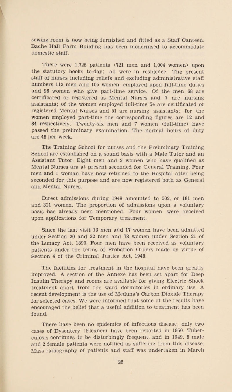 sewing room is now being furnished and fitted as a Staff Canteen. Bache Hall Farm Building has been modernised to accommodate domestic staff. There were 1,725 patients (721 men and 1,004 women) upon the statutory books to-day; all were in residence. The present staff of nurses including reliefs and excluding administrative staff numbers 112 men and 105 women, employed upon full-time duties and 96 women who give part-time service. Of the men 68 are certificated or registered as Mental Nurses and 7 are nursing assistants; of the women employed full-time 54 are certificated or registered Mental Nurses and 51 are nursing assistants; for the women employed part-time the corresponding figures are 12 and 84 respectively. Twenty-six men and 7 women (full-time) have passed the preliminary examination. The normal hours of duty are 48 per week. The Training School for nurses and the Preliminary Training School are established on a sound basis with a Male Tutor and an Assistant Tutor. Eight men and 2 women who have qualified as Mental Nurses are at present seconded for General Training. Four men and 1 woman have now returned to the Hospital after being seconded for this purpose and are now registered both as General and Mental Nurses. Direct admissions during 1949 amounted to 502, or 181 men and 321 women. The proportion of admissions upon a voluntary basis has already been mentioned. Four women were received upon applications for Temporary treatment. Since the last visit 13 men and 17 women have been admitted under Section 20 and 32 men and 78 women under Section 21 of the Lunacy Act, 1890. Four men have been received as voluntary patients under the terms of Probation Orders made by virtue of Section 4 of the Criminal Justice Act, 1948. The facilities for treatment in the hospital have been greatly improved. A section of the Annexe has been set apart for Deep Insulin Therapy and rooms are available for giving Electric Shock treatment apart from the ward dormitories in ordinary use. A recent development is the use of Meduna’s Carbon Dioxide Therapy for selected cases. We were informed that some of the results have encouraged the belief that a useful addition to treatment has been found. There have been no epidemics of infectious disease; only two cases of Dysentery (Flexner) have been reported in 1950. Tuber¬ culosis continues to be disturbingly frequent, and in 1949, 8 male and 2 female patients were notified as suffering from this disease. Mass radiography of patients and staff was undertaken in March