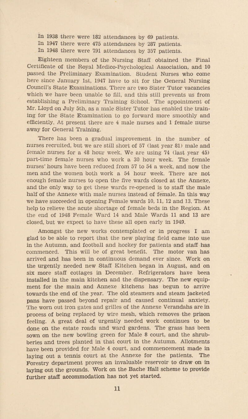 In 1938 there were 182 attendances by 69 patients. In 1947 there were 475 attendances by 287 patients. In 1948 there were 791 attendances by 357 patients. Eighteen members of the Nursing Staff obtained the Final Certificate of the Royal Medico-Psychological Association, and 10 passed the Preliminary Examination. Student Nurses who come here since January 1st, 1947 have to sit for the General Nursing Council’s State Examinations. There are two Sister Tutor vacancies which we have been unable to fill, and this still prevents us from establishing a Preliminary Training School. The appointment of Mr. Lloyd on July 5th, as a male Sister Tutor has enabled the train¬ ing for the State Examination to go forward more smoothly and efficiently. At present there are 4 male nurses and 1 female nurse away for General Training. There has been a gradual improvement in the number of nurses recruited, but we are still short of 57 (last year 81) male and female nurses for a 48 hour week. We are using 74 (last year 45) part-time female nurses who work a 30 hour week. The female nurses’ hours have been reduced from 57 to 54 a week, and now the men and the women both work a 54 hour week. There are not enough female nurses to open the five wards closed at the Annexe, and the only way to get these wards re-opened is to staff the male half of the Annexe with male nurses instead of female. In this way we have succeeded in opening Female wards 10, 11, 12 and 13. These help to relieve the acute shortage of female beds in the Region. At the end of 1948 Female Ward 14 and Male Wards 11 and 13 are closed, but we expect to have these all open early in 1949. Amongst the new works contemplated or in progress I am glad to be able to report that the new playing field came into use in the Autumn, and football and hockey for patients and staff has commenced. This will be of great benefit. The motor van has arrived and has been in continuous demand ever since. Work on the urgently needed new Staff Kitchen began in August, and on six more staff cottages in December. Refrigerators have been installed in the main kitchen and the dispensary. The new equip¬ ment for the main and Annexe kitchens has begun to arrive towards the end of the year. The old steamers and steam jacketed pans have passed beyond repair and caused continual anxiety. The worn out iron gates and grilles of the Annexe Verandahs are in process of being replaced by wire mesh, which removes the prison feeling. A great deal of urgently needed work continues to be done on the estate roads and ward gardens. The grass has been sown on the new bowling green for Male 8 court, and the shrub¬ beries and trees planted in that court in the Autumn. Allotments have been provided for Male 4 court, and commencement made in laying out a tennis court at the Annexe for the patients. The Forestry department proves an invaluable reservoir to draw on in laying out the grounds. Work on the Bache Hall scheme to provide further staff accommodation has not yet started.