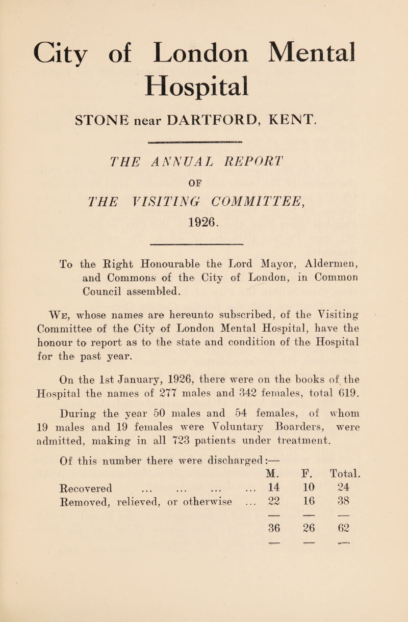 City of London Mental Hospital STONE near DARTFORD, KENT. THE ANNUAL REPORT OF THE VISITING COMMITTEE, 1926. To the Right Honourable the Lord Mayor, Aldermen, and Commons! of the City of London, in Common Council assembled. We, whose names are hereunto subscribed, of the Visiting Committee of the City of London Mental Hospital, have the honour to report asi to the state and condition of the Hospital for the past year. On the 1st January, 1926, there were on the books of the Hospital the names of 277 males and 342 females, total 619. During the year 50 males and 54 females, of whom 19 males and 19 females were Voluntary Boarders, were admitted, making in all 723 patients under treatment. Of this number there were discharged • • M. F. Total. Recovered 14 10 24 Removed, relieved, or otherwise 22 16 38 36 26 62