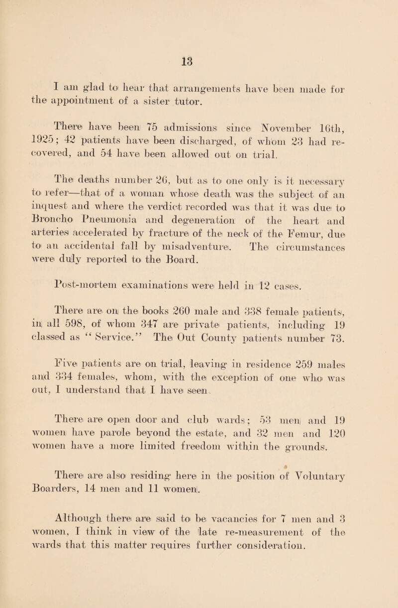 I am glad to Lear that arrangements have been made for the appointment of a sister tutor. There have been T5 admissions since November 16th, 1925; 42 patients have been discharged, of whom 23 had re¬ covered, and 54 have been allowed out on trial. Idle deaths number 26, but as to one; only is it necessary to refer—that of a. woman whose death was the subject of an inquest and where the verdict recorded was that it was due; to Broncho Pneumonia and degeneration of the heart and arteries accelerated by fracture of the neck of the Femur, due to an accidental fall by misadventure. The circumstances were duly reported to the Board. Post-mortem examinations! were held in 12 cases. There are on the books 260 male and 338 female patients, in all 598, of whom 34T are private patients, including 19 The Out County patients number 73. classed as “ Service. ” Five patients are on trial, leaving in residence 259 males and 334 females, whom, with the exception of one who was out, 1 understand that 1 have seen,. There are open door and club wards; 53 men) and 19 women have parole beyond the estate, and 32 men and 120 women have a more limited freedom within the grounds. There are also residing here in the: position of Voluntary Boarders, 14 men and 11 women). Although therei am said to be vacancies for 7 men and 3 women, 1 think in view of the late re-measurement of the wards that this matter requires further consideration.