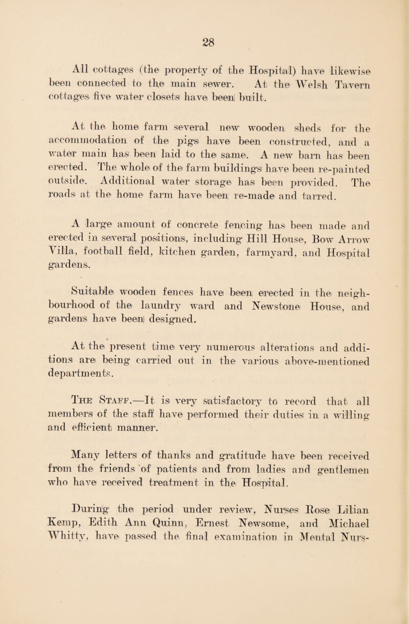 All cottages (the1 property of the Hospital) have likewise been connected to the main sewer. At the Welsh Tavern cottages five water closets have been' built. At the home farm several new wooden sheds for the accommodation of the pigsi have been constructed, and a water main has been laid to the same. A new barn has been erected. The whole of the farm buildings have been re-painted outside. Additional water storage has been provided. The roads at the home' farm have been re-made and tarred. A large amount of concrete fencing has been made and erected in several positions, including Hill House, Bow Arrow Villa, football field, kitchen garden, farmyard, and Hospital gardens. Suitable wooden fences have been erected in the net Hi- bourhood of the laundry ward and Hews tone House, and gardens have been) designed. At the present time very numerous alterations and addi¬ tions are being carried out in the various above-mentioned departments. The Staff.—It is very satisfactory to record that all members of the staff have performed their duties in a willing and efficient manner. Many letters of thanks and gratitude have been received from the friends of patients and from ladies and gentlemen who have received treatment in the Hospital. During the period under review, Nurses Hose Lilian Kemp, Edith Ann Quinn, Ernest Newsome, and Michael Whitty, have passed the, final examination in Mental Ntirs-
