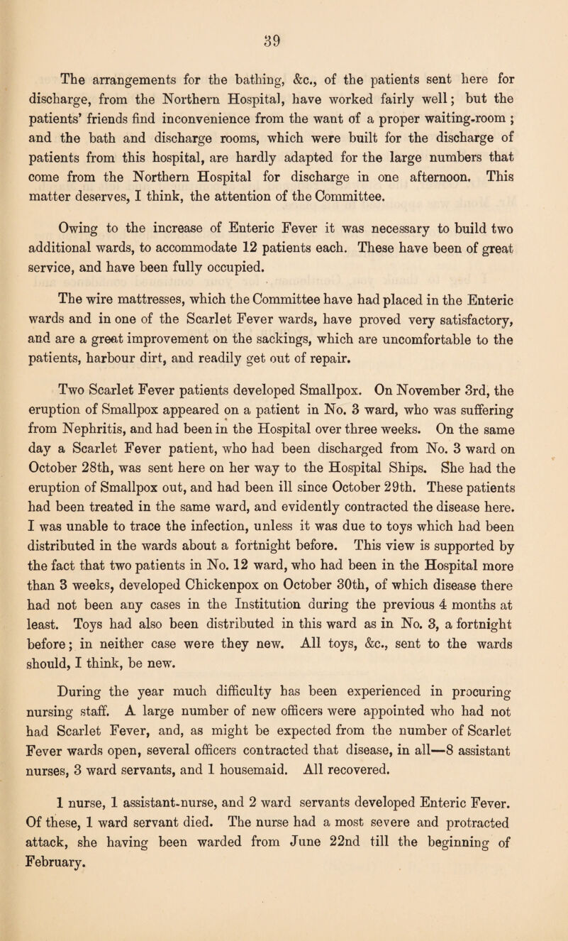 The arrangements for the bathing, &c., of the patients sent here for discharge, from the Northern Hospital, have worked fairly well; but the patients’ friends find inconvenience from the want of a proper waiting-room ; and the bath and discharge rooms, which were built for the discharge of patients from this hospital, are hardly adapted for the large numbers that come from the Northern Hospital for discharge in one afternoon. This matter deserves, I think, the attention of the Committee. Owing to the increase of Enteric Fever it was necessary to build two additional wards, to accommodate 12 patients each. These have been of great service, and have been fully occupied. The wire mattresses, which the Committee have had placed in the Enteric wards and in one of the Scarlet Fever wards, have proved very satisfactory, and are a great improvement on the sackings, which are uncomfortable to the patients, harbour dirt, and readily get out of repair. Two Scarlet Fever patients developed Smallpox. On November 3rd, the eruption of Smallpox appeared on a patient in No. 3 ward, who was suffering from Nephritis, and had been in the Hospital over three weeks. On the same day a Scarlet Fever patient, who had been discharged from No. 3 ward on October 28th, was sent here on her way to the Hospital Ships. She had the eruption of Smallpox out, and had been ill since October 29th. These patients had been treated in the same ward, and evidently contracted the disease here. I was unable to trace the infection, unless it was due to toys which had been distributed in the wards about a fortnight before. This view is supported by the fact that two patients in No. 12 ward, who had been in the Hospital more than 3 weeks, developed Chickenpox on October 30th, of which disease there had not been any cases in the Institution during the previous 4 months at least. Toys had also been distributed in this ward as in No. 3, a fortnight before; in neither case were they new. All toys, &c., sent to the wards should, I think, be new. During the year much difficulty has been experienced in procuring nursing staff. A large number of new officers were appointed who had not had Scarlet Fever, and, as might be expected from the number of Scarlet Fever wards open, several officers contracted that disease, in all—8 assistant nurses, 3 ward servants, and 1 housemaid. All recovered. 1 nurse, 1 assistant-nurse, and 2 ward servants developed Enteric Fever. Of these, 1 ward servant died. The nurse had a most severe and protracted attack, she having been warded from June 22nd till the beginning of February.