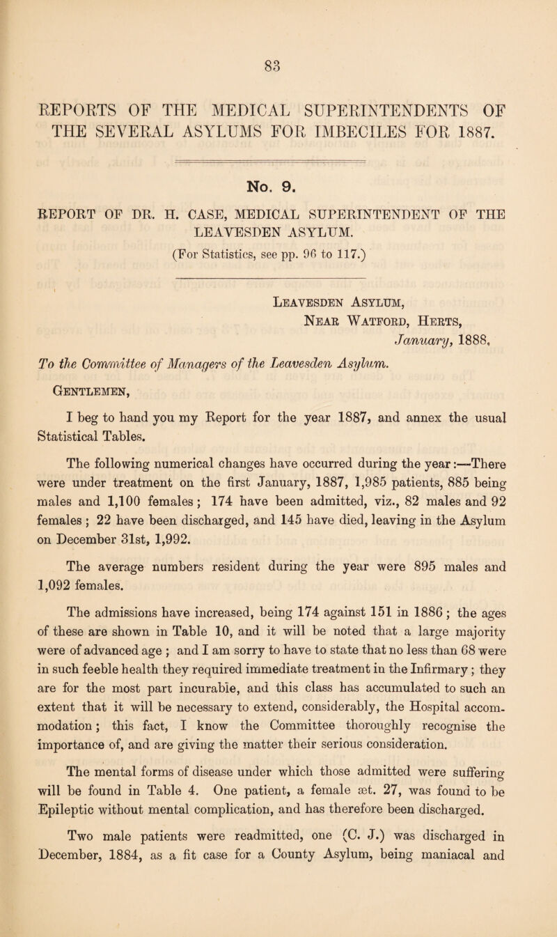 REPORTS OF THE MEDICAL SUPERINTENDENTS OF THE SEVERAL ASYLUMS FOR IMBECILES FOR 1887. No, 9. REPORT OF DR. H. CASE, MEDICAL SUPERINTENDENT OF THE LEAYESDEN ASYLUM. (For Statistics, see pp. 96 to 117.) i Leavesden Asylum, Near Watford, Herts, January, 1888, To the Committee of Managers of the Leavesden Asylum. Gentlemen, I beg to band you my Report for the year 1887, and annex the usual Statistical Tables, The following numerical changes have occurred during the yearThere were under treatment on the first January, 1887, 1,985 patients, 885 being males and 1,100 females; 174 have been admitted, viz., 82 males and 92 females ; 22 have been discharged, and 145 have died, leaving in the Asylum on December 31st, 1,992. The average numbers resident during the year were 895 males and 1,092 females. The admissions have increased, being 174 against 151 in 1886; the ages of these are shown in Table 10, and it will be noted that a large majority were of advanced age ; and I am sorry to have to state that no less than 68 were in such feeble health they required immediate treatment in the Infirmary; they are for the most part incurable, and this class has accumulated to such an extent that it will be necessary to extend, considerably, the Hospital accom¬ modation ; this fact, I know the Committee thoroughly recognise the importance of, and are giving the matter their serious consideration. The mental forms of disease under which those admitted were suffering- O will be found in Table 4. One patient, a female get. 27, was found to be Epileptic without mental complication, and has therefore been discharged. Two male patients were readmitted, one (C. J.) was discharged in December, 1884, as a fit case for a County Asylum, being maniacal and
