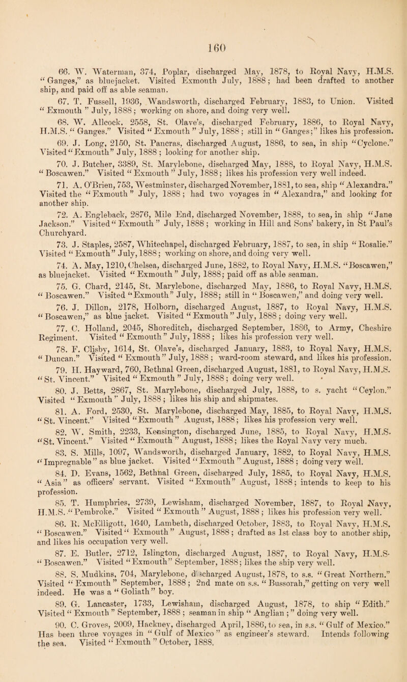 66. W. Waterman, 374, Poplar, discharged May, 1878, to Royal Navy, H.M.S. “ Ganges,’’ as bluejacket. Visited Exmouth July, 1888; had been drafted to another ship, and paid off as able seaman. 67. T. Fussell, 1936, Wandsworth, discharged February, 1883, to Union. Visited “ Exmouth ” July, 1888; working on shore, and doing very well. 68. W. Allcock, 2558, St. Olave’s, discharged February, 1886, to Royal Navy, H.M.S. “ Ganges.” Visited “ Exmouth ” July, 1888 ; still in “ Ganges;” likes his profession. 69. J. Long, 2150, St, Pancras, discharged August, 1886, to sea, in ship “Cyclone.” Visited“Exmouth” July, 1888 ; looking for another ship. 70. J. Butcher, 3389, St. Marylebone, discharged May, 1888, to Royal Navy, H.M.S. “ Boscawen.” Visited “ Exmouth ” July, 1888; likes his profession very well indeed. 71. A. O’Brien, 753, Westminster, discharged November, 1881, to sea, ship “Alexandra.” Visited the “ Exmouth ” July, 1888 ; had two voyages in “ Alexandra,” and looking for another ship. 72. A. Engleback, 2876, Mile End, discharged November, 1888, to sea, in ship “Jane Jackson.” Visited “ Exmouth ” July, 1888 ; working in Hill and Sons’ bakery, in St Paul’s Churchyard. 73. J. Staples, 2587, Whitechapel, discharged February, 1887, to sea, in ship “Rosalie.” Visited “ Exmouth” July, 1888; working on shore, and doing very well. 74. A. May, 1210,Chelsea, discharged June, 1882, to Royal Navy, H.M.S. “Boscawen,” as bluejacket. Visited “ Exmouth ” July, 1888; paid off as able seaman. 75. G. Chard, 2145, St. Marylebone, discharged May, 1886, to Royal Navy, H.M.S. “ Boscawen.” Visited “Exmouth” July, 1888; still in “ Boscawen,” and doing very well. 76. J. Dillon, 2178, Holborn, discharged August, 1887, to Royal Navy, H.M.S. “Boscawen,” as blue jacket. Visited “Exmouth” July, 1888 ; doing very well. 77. C. Holland, 2045, Shoreditch, discharged September, 1886, to Army, Cheshire Regiment. Visited “ Exmouth ” July, 1888 ; likes his profession very well. 78. F. Clisby, 1614, St. Olave’s, discharged January, 1883, to Royal Navy, H.M.S. “ Duncan.” Visited “ Exmouth” July, 1888 ; ward-room steward, and likes his profession. 79. H. Hayward, 760, Bethnal Green, discharged August, 1881, to Royal Navy, H.M.S. “ St. Vincent.” Visited “ Exmouth ” July, 1888 ; doing very well. 80. J. Betts, 2867, St. Marylebone, discharged July, 1888, to s. yacht “Ceylon.” Visited “ Exmouth ” July, 1888 ; likes his ship and shipmates. 81. A. Ford, 2530, St. Marylebone, discharged May, 1885, to Royal Navy, H.M.S. “St. Vincent.” Visited “Exmouth” August, 1888; likes his profession very well. 82. W. Smith, 2233, Kensington, discharged June, 1885, to Royal Navy, H.M.S* “St. Vincent.” Visited “ Exmouth ” August, 18&8; likes the Royal Navy very much. 83. S. Mills, 1097, Wandsworth, discharged January, 1882, to Royal Navy, H.M.S. “ Impregnable ” as blue jacket. Visited “ Exmouth ” August, 1888 ; doing very well. 84. D. Evans, 1562, Bethnal Green, discharged July, 1885, to Royal Navy, H.M.S. “Asia” as officers’ servant. Visited “Exmouth” August, 1888; intends to keep to his profession. 85. T. Humphries, 2739, Lewisham, discharged November, 1887, to Royal Navy, H.M.S. “Pembroke.” Visited “ Exmouth ” August, 1888 ; likes his profession very well. 86. R. McElligott, 1640, Lambeth, discharged October, 1883, to Royal Navy, H.M.S. “Boscawen.” Visited“ Exmouth” August, 1888 ; drafted as 1st class boy to another ship, and likes his occupation very well. 87. E. Butler, 2712, Islington, discharged August, 1887, to Royal Navy, H.M.S* “ Boscawen.” Visited “Exmouth” September, 1888; likes the ship very well. 88. S. Mudkins, 704, Marylebone, dAckarged August, 1878, to s.s. “Great Northern.” Visited “ Exmouth ” September, 1888 ; 2nd mate on s.s. “ Bussorah,” getting on very well indeed. He was a “ Goliath” boy. 89. G. Lancaster, 1733, Lewisham, discharged August, 1878, to ship “'Edith.” Visited “ Exmouth ” September, 1888 ; seaman in ship “ Anglian ; ” doing very well. 90. C. Groves, 2009, Hackney, discharged April, 1886,to sea, in s.s. “Gulf of Mexico.” Has been three voyages in “ Gulf of Mexico ” as engineer’s steward. Intends following the sea, Visited “ Exmouth ” October, 1888,