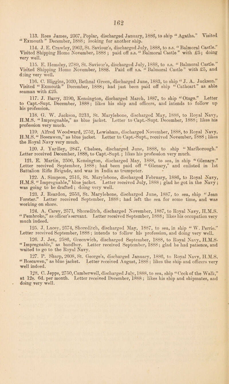 113. Rees James, 2307, Poplar, discharged January, 1886, to ship “ Agatha.’ Visited “ Exmouth ” December, 1888; looking for another ship. 114. J. E. Crawley, 2962, St. Saviour’s, discharged July, 1888, to s.s. “Balmoral Castle.” Visited Shipping Home November, 1888 ; paid off s.s. “ Balmoral Castle ” with £5; doing very well. 115. E. Hemsley, 2789, St. Saviour’s, discharged July, 1888, to s.s. “Balmoral Castle.” Visited Shipping Home November, 1888. Paid off s.s. “ Balmoral Castlewith £5, and doing very well. 116. C. Higgins, 1030, Bethnal Green, discharged June, 1883, to ship “ J. A. Jackson.’ Visited “Exmouth” December, 1888; had just been paid off ship “Cathcart” as able seaman with £25. 117. J. Barry, 3190, Kensington, discharged March, 1887, to ship “Otago.” Letter to Capt.-Supt. December, 1888; likes his ship and officers, and intends to follow up his profession. 118. G. W. Jackson, 3213, St. Marylebone, discharged May, 1888, to Royal Navy, H.M.S. “ Impregnable,” as blue jacket. Letter to Capt.-Supt. December, 1888; likes his profession very much. 119. Alfred Woodward, 2752, Lewisham, discharged November, 1888, to Royal Navy, H.M.S. “ Boscawen,” as blue jacket. Letter to Capt.-Supt., received November, 1888 ; likes the Royal Navy very much. 120. J. Yardley, 2847, Chelsea, discharged June, 1888, to ship “ Marlborough.” Letter received December, 1888, to Capt.-Supt.; likes his profession very much. 121. E. Martin, 2506, Kensington, discharged May, 1888, to sea, in ship “Glenary.” Letter received September, 1888; had been paid off “ Glenary,” and enlisted in 1st Battalion Rifle Brigade, and wa3 in India as trumpeter. 122. A. Simpson, 2515, St. Marylebone, discharged February, 1886, to Royal Navy, H.M.S. “ Impregnable,” blue jacket. Letter received July, 1888 ; glad he got in the Navy ; was going to be drafted ; doing very well. 123. J. Reardon, 2553, St. Marylebone, discharged June, 1887, to sea, ship “Jean Forster.” Letter received September, 1888; had left the sea for some time, and was working on shore. 124. A. Carey, 2571, Shoreditch, discharged November, 1887, to Royal Navy, H.M.S. “ Pembroke,” as officer’s servant. Letter received September, 1888; likes his occupation very much indeed. 125. J. Lacey, 2574, Shoreditch, discharged May, 1887, to sea, in ship “ W. Perrie.” Letter received September, 1888 ; intends to follow his profession, and doing very well. 126. J. Jex, 2586, Greenwich, discharged September, 1888, to Royal Navy, H.M.S* “ Impregnable,” as bandboy. Letter received September, 1888 ; glad he had patience, and waited to go to the Royal Navy. 127. P. Sharp, 2608, St. George’s, discharged January, 1886, to Royal Navy, H.M.S. “ Boscawen,” as blue jacket. Letter received August, 1888 ; likes the ship and officers very well indeed. 1£8. C. Jepps, 2750, Camberwell, discharged July, 1888, to sea, ship “Cock of the Walk,” at 12s. 6d. per month. Letter received December, 1888 ; likes his ship and shipmates, and doing very well.