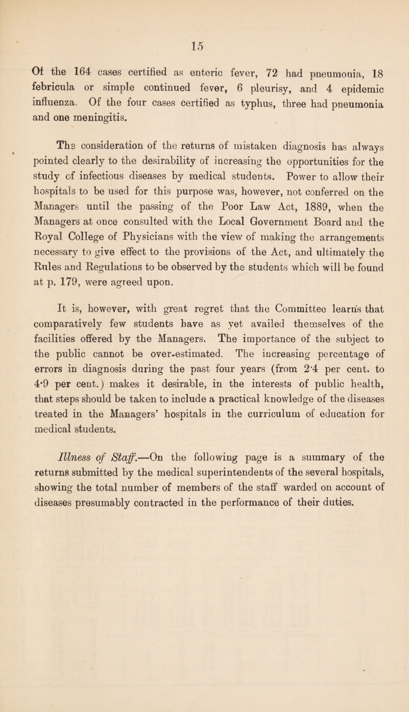 Of the 164 cases certified as enteric fever, 72 had pneumonia, 18 febricula or simple continued fever, 6 pleurisy, and 4 epidemic influenza,, Of the four cases certified as typhus, three had pneumonia and one meningitis. The consideration of the returns of mistaken diagnosis has always pointed clearly to the desirability of increasing the opportunities for the study of infectious diseases by medical students. Power to allow their hospitals to be used for this purpose was, however, not conferred on the Managers until the passing of the Poor Law Act, 1889, when the Managers at once consulted with the Local Government Board and the Royal College of Physicians with the view of making the arrangements necessary to give effect to the provisions of the Act, and ultimately the Rules and Regulations to be observed by the students which will be found at p. 179, were agreed upon. It is, however, with great regret that the Committee learns that comparatively few students have as yet availed themselves of the facilities offered by the Managers. The importance of the subject to the public cannot be over-estimated. The increasing percentage of errors in diagnosis during the past four years (from 2'4 per cent, to 4*9 per cent.) makes it desirable, in the interests of public health, that steps should be taken to include a practical knowledge of the diseases treated in the Managers’ hospitals in the curriculum of education for medical students. Illness of Staff.—On the following page is a summary of the returns submitted by the medical superintendents of the several hospitals, showing the total number of members of the staff warded on account of diseases presumably contracted in the performance of their duties.