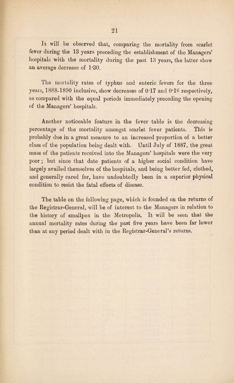 It will be observed that, comparing the mortality from scarlet fever during the 13 years preceding the establishment of the Managers’ hospitals with the mortality during the past 13 years, the latter show an average decrease of 1*30. The mortality rates of typhus and enteric fevers for the three yeais, 1888-1890 inclusive, show decreases of 0T7 and 0*16 respectively, as compared with the equal periods immediately preceding the opening of the Managers’ hospitals. Another noticeable feature in the fever table is the decreasing percentage of the mortality amongst scarlet fever patients. This is probably due in a great measure to an increased proportion of a better class of the population being dealt with. Until July of 1887, the great mass of the patients received into the Managers’ hospitals were the very poor; but since that date patients of a higher social condition have largely availed themselves of the hospitals, and being better fed, clothed, and generally cared for, have undoubtedly been in a superior physical condition to resist the fatal effects of disease. The table on the following page, which is founded on the returns of the Registrar-General, will be of interest to the Managers in relation to the history of smallpox in the Metropolis. It will be seen that the annual mortality rates during the past five years have been far lower than at any period dealt with in the Registrar-General’s returns.