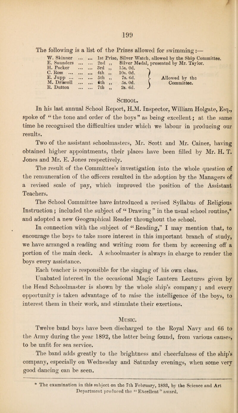 The following is a list of the Prizes allowed for swimming:— W. Skinner . 1st Prize, Silver Watch, allowed by the Ship Committee, E. Saunders . 2nd ,, Silver Medal, presented by Mr. Taylor. H. Packer . 3rd ,, 15s. Od. C. Boss . 4th ,, 10s. Od. E. Jupp . 5th ,, 7s. 6d. M. Driscoll . 6th ,, 5s. Od. R. Dutton . 7th ,, 2s. 6d. School. In his last annual School Report, H.M. Inspector, William Holgate, Esq., spoke of “ the tone and order of the boys ” as being excellent; at the same time he recognised the difficulties under which we labour in producing our results. Two of the assistant schoolmasters, Mr. Scott and Mr. Caines, having obtained higher appointments, their places have been filled by Mr. H. T. Jones and Mr. E. Jones respectively. The result of the Committee’s investigation into the whole question of the remuneration of the officers resulted in the adoption by the Managers of a revised scale of pay, which improved the position of the Assistant Teachers. The School Committee have introduced a revised Syllabus of Religious Instruction; included the subject of “ Drawing ” in the usual school routine,* and adopted a new Gfeographical Reader throughout the school. In connection with the subject of “ Reading,” I may mention that, to encourage the boys to take more interest in this important branch of study, we have arranged a reading and writing room for them by screening off a portion of the main deck. A schoolmaster is always in charge to render the boys every assistance. Each teacher is responsible for the singing of his own class. Unabated interest in the occasional Magic Lantern Lectures given by the Head Schoolmaster is shown by the whole ship’s company; and every opportunity is taken advantage of to raise the intelligence of the boys, to interest them in their work, and stimulate their exertions. Music. Twelve band boys have been discharged to the Royal Navy and 66 to the Army during the year 1892, the latter being found, from various causes, to be unfit for sea service. The band adds greatly to the brightness and cheerfulness of the ship’s company, especially on Wednesday and Saturday evenings, when some very good dancing can be seen. Allowed by the Committee. * The examination in this subject on the 7th February, 1893, by the Science and Art Department produced the “Excellent” award.