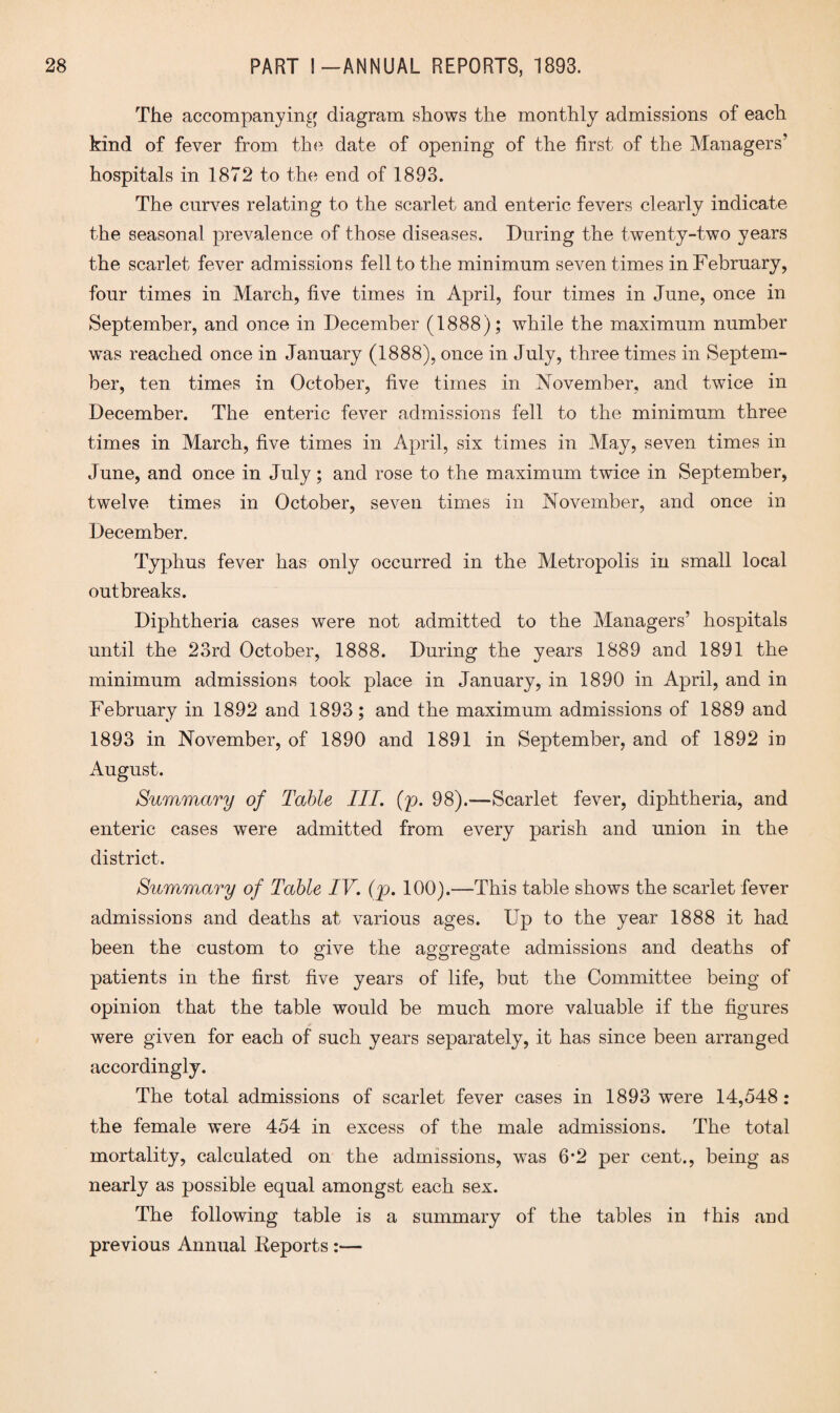 The accompanying diagram shows the monthly admissions of each kind of fever from the date of opening of the first of the Managers’ hospitals in 1872 to the end of 1893. The curves relating to the scarlet and enteric fevers clearly indicate the seasonal prevalence of those diseases. During the twenty-two years the scarlet fever admissions fell to the minimum seven times in February, four times in March, five times in April, four times in June, once in September, and once in December (1888); while the maximum number was reached once in January (1888), once in July, three times in Septem¬ ber, ten times in October, five times in November, and twice in December. The enteric fever admissions fell to the minimum three times in March, five times in April, six times in May, seven times in June, and once in July; and rose to the maximum twice in September, twelve times in October, seven times in November, and once in December. Typhus fever has only occurred in the Metropolis in small local outbreaks. Diphtheria cases were not admitted to the Managers’ hospitals until the 23rd October, 1888. During the years 1889 and 1891 the minimum admissions took place in January, in 1890 in April, and in February in 1892 and 1893; and the maximum admissions of 1889 and 1893 in November, of 1890 and 1891 in SeiDtember, and of 1892 in August. Summary of Table III. (p. 98).-—Scarlet fever, diphtheria, and enteric cases were admitted from every parish and union in the district. Summary of Table IV. (p. 100).—This table shows the scarlet fever admissions and deaths at various ages. Up to the year 1888 it had been the custom to give the aggregate admissions and deaths of patients in the first five years of life, but the Committee being of opinion that the table would be much more valuable if the figures * were given for each of such years separately, it has since been arranged accordingly. The total admissions of scarlet fever cases in 1893 were 14,548: the female were 454 in excess of the male admissions. The total mortality, calculated on the admissions, was 6*2 per cent., being as nearly as possible equal amongst each sex. The following table is a summary of the tables in this and previous Annual Deports :—