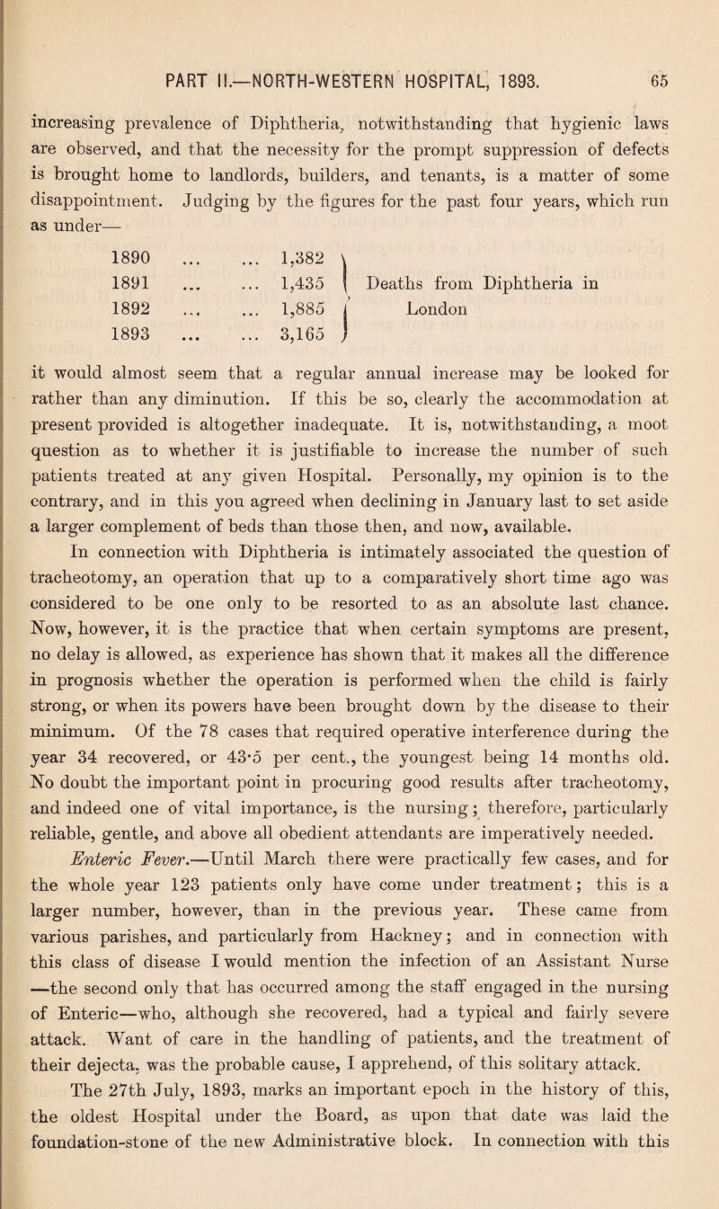 increasing prevalence of Diphtheria, notwithstanding that hygienic laws are observed, and that the necessity for the prompt suppression of defects is brought home to landlords, builders, and tenants, is a matter of some disappointment. Judging by the figures for the past four years, which run as under— 1890 . 1,382 \ 1891 . 1,435 ( Deaths from Diphtheria in 1892 1,885 j London 1893 ... ... 3,165 j it would almost seem that a regular annual increase may be looked for rather than any diminution. If this be so, clearly the accommodation at present provided is altogether inadequate. It is, notwithstanding, a moot question as to whether it is justifiable to increase the number of such patients treated at any given Hospital. Personally, my opinion is to the contrary, and in this you agreed when declining in January last to set aside a larger complement of beds than those then, and now, available. In connection with Diphtheria is intimately associated the question of tracheotomy, an operation that up to a comparatively short time ago was considered to be one only to be resorted to as an absolute last chance. Now, however, it is the practice that when certain symptoms are present, no delay is allowed, as experience has shown that it makes all the difference in prognosis whether the operation is performed when the child is fairly strong, or when its powers have been brought down by the disease to their minimum. Of the 78 cases that required operative interference during the year 34 recovered, or 43*5 per cent., the youngest being 14 months old. No doubt the important point in procuring good results after tracheotomy, and indeed one of vital importance, is the nursing; therefore, particularly reliable, gentle, and above all obedient attendants are imperatively needed. Enteric Fever.-—Until March there were practically few cases, and for the whole year 123 patients only have come under treatment; this is a larger number, however, than in the previous year. These came from various parishes, and particularly from Hackney; and in connection with this class of disease I would mention the infection of an Assistant Nurse —the second only that has occurred among the staff engaged in the nursing of Enteric—who, although she recovered, had a typical and fairly severe attack. Want of care in the handling of patients, and the treatment of their dejecta, was the probable cause, I apprehend, of this solitary attack. The 27th July, 1893, marks an important epoch in the history of this, the oldest Hospital under the Board, as upon that date was laid the foundation-stone of the new Administrative block. In connection with this