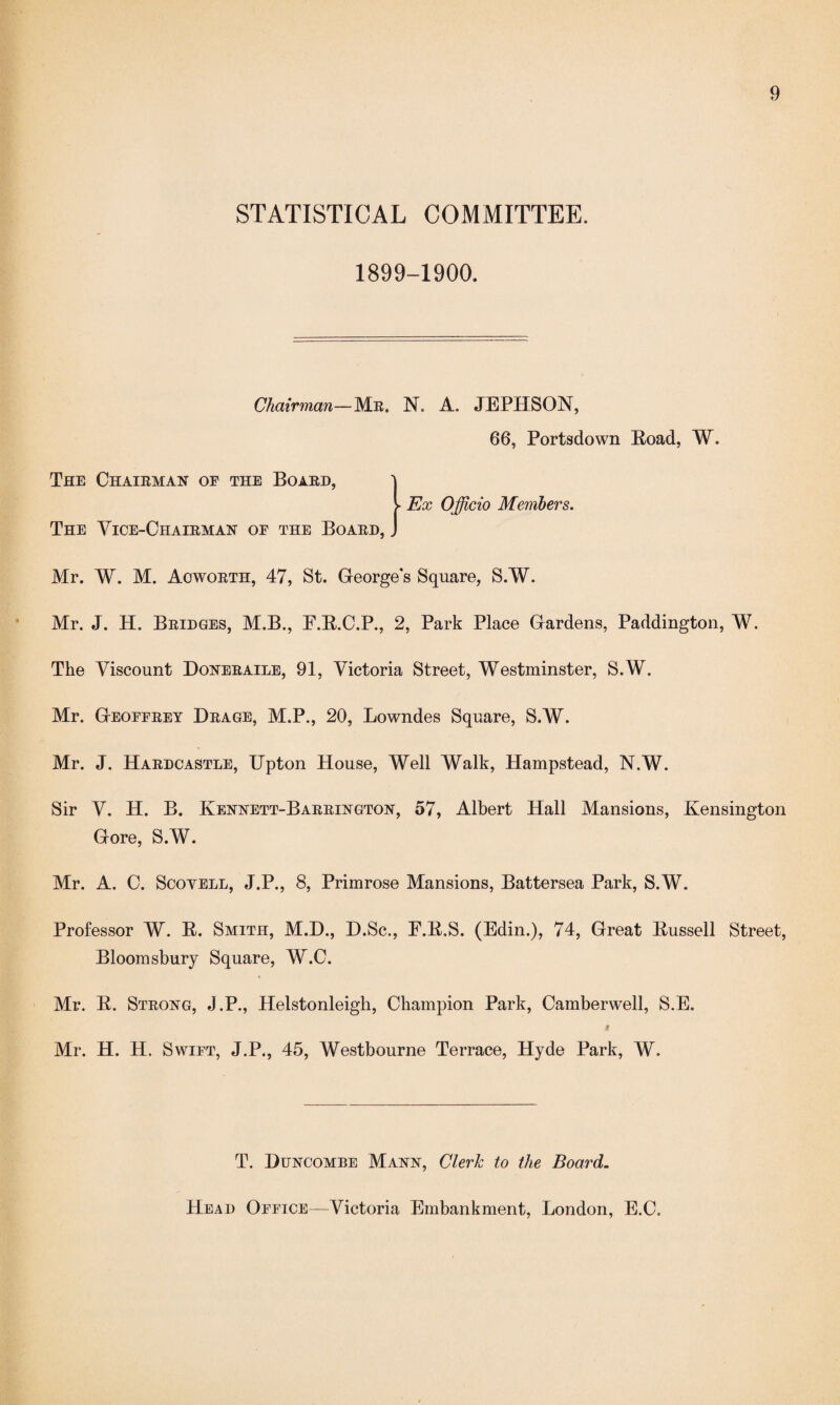 STATISTICAL COMMITTEE. 1899-1900. Chairman—Mr. N. A. JEPHSON, 66, Portsdown Koad, W. The Chairman of the Board, \ V Ex Officio Members. The Vice-Chairman of the Board, J Mr. W. M. Acworth, 47, St. George's Square, S.W. Mr. J. H. Bridges, M.B., F.B.C.P., 2, Park Place Gardens, Paddington, W. The Viscount Doneraile, 91, Victoria Street, Westminster, S.W. Mr. Geoffrey Drage, M.P., 20, Lowndes Square, S.W. Mr. J. Hardcastle, Upton House, Well Walk, Hampstead, N.W. Sir V. H. B. Kennett-Barrington, 57, Albert Hall Mansions, Kensington Gore, S.W. Mr. A. C. Scovell, J.P., 8, Primrose Mansions, Battersea Park, S.W. Professor W. B. Smith, M.D., D.Sc., F.B.S. (Edin.), 74, Great Bussell Street, Bloomsbury Square, W.C. Mr. B. Strong, J.P., Helstonleigh, Champion Park, Camberwell, S.E. * Mr. H. H. Swift, J.P., 45, Westbourne Terrace, Hyde Park, W. T. Buncombe Mann, Clerk to the Board. Head Office—Victoria Embankment, London, E.C.