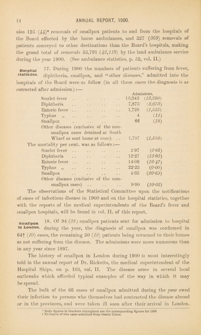 also 125 (44)* removals of smallpox patients to and from the hospitals of the Board effected by the horse ambulances, and 327 (369) removals of patients conveyed to other destinations than the Board’s hospitals, making the grand total of removals 33,791 (43,119) by the land ambulance service during the year 1900, (See ambulance statistics, p. 52, vol. II.) 17. During 1900 the numbers of patients suffering from fever, diphtheria, smallpox, and “ other diseases,’ admitted into the hospitals of the Board were as follow (in all these cases the diagnosis is as Hospital statistics. corrected after admission) Admissions. Scarlet fever 10,343 (13,290) Diphtheria 7,873 (8,673) Enteric fever 1,728 (1,535) Typhus „ . 4 (11) Smallpox 66 (18) Other diseases (exclusive of the non¬ smallpox cases detained at South Wharf or sent home at once) 1,707 (1,583) mortality per cent, was as follows :— Scarlet fever 2*97 (2-65) Diphtheria 12-27 (13-95) Enteric fever 14-09 (16-4.7) Typhus „ . . . 22-23 (0-00) Smallpox 4*35 (20-63) Other diseases (exclusive of the non¬ smallpox cases) 9-90 (10-05) The observations of the Statistical Committee upon the notifications of cases of infectious disease in 1900 and on the hospital statistics, together with the reports of the medical superintendents of the Board’s fever and smallpox hospitals, will be found in vol. II. of this report. smallpox 18* Of 94 (38) smallpox patients sent for admission to hospital in London. 4ur]‘ng the year, the diagnosis of smallpox was confirmed in 64t (10) cases, the remaining 30 (18) patients being returned to their homes as not suffering from the disease. The admissions were more numerous than in any year since 1897. The history of smallpox in London during 1900 is most interestingly told in the annual report of Dr. Ricketts, the medical superintendent of the Hospital Ships, on p. 103, vol. II. The disease arose in several local outbreaks which afforded typical examples of the way in which it may be spread. The bulk of the 66 cases of smallpox admitted during the year owed their infection to persons who themselves had contracted the disease abroad or in the provinces, and were taken ill soon after their arrival in London. * Italic figures in brackets throughout are the corresponding figures for 1899. t Exclusive of two cases admitted from Orsett Union.