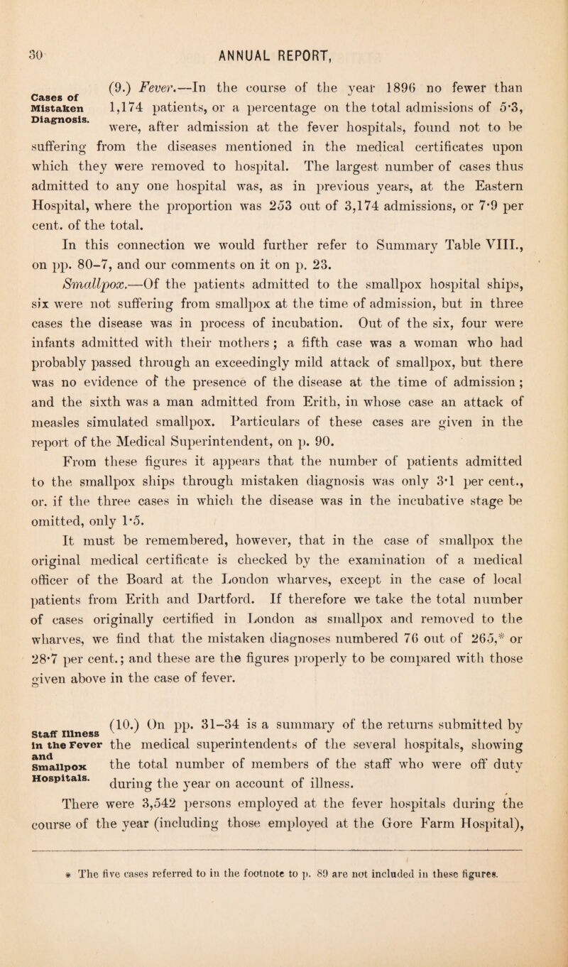 (9.) Fever.—In the course of the year 1896 no fewer than Cases of Mistaken 1,174 patients, or a percentage on the total admissions of 5*3, Diagnosis. . were, after admission at the fever hospitals, found not to be suffering from the diseases mentioned in the medical certificates upon which they were removed to hospital. The largest number of cases thus admitted to any one hospital was, as in previous years, at the Eastern Hospital, where the proportion was 253 out of 3,174 admissions, or 7*9 per cent, of the total. In this connection we would further refer to Summary Table VIII., on pp. 80-7, and our comments on it on p. 23. Smallpox.—Of the patients admitted to the smallpox hospital ships, six were not suffering from smallpox at the time of admission, but in three cases the disease was in process of incubation. Out of the six, four were infants admitted with their mothers ; a fifth case was a woman who had probably passed through an exceedingly mild attack of smallpox, but there was no evidence of the presence of the disease at the time of admission ; and the sixth was a man admitted from Erith, in whose case an attack of measles simulated smallpox. Particulars of these cases are given in the report of the Medical Superintendent, on p. 90. From these figures it appears that the number of patients admitted to the smallpox ships through mistaken diagnosis was only 3*1 per cent., or. if the three cases in which the disease was in the incubative stage be omitted, only 1*5. It must be remembered, however, that in the case of smallpox the original medical certificate is checked by the examination of a medical officer of the Board at the London wharves, except in the case of local patients from Erith and Hartford. If therefore we take the total number of cases originally certified in London as smallpox and removed to the wharves, we find that the mistaken diagnoses numbered 76 out of 265,* or 28*7 per cent.; and these are the figures properly to be compared with those oiven above in the case of fever. Staff Illness In the Fever and Smallpox Hospitals. (10.) On pp. 31-34 is a summary of the returns submitted by the medical superintendents of the several hospitals, showing the total number of members of the staff who were off’ duty during the year on account of illness. There were 3,542 persons employed at the fever hospitals during the course of the year (including those employed at the Gore Farm Hospital), # The five cases referred to in the footnote to p. 89 are not included in these figureg.