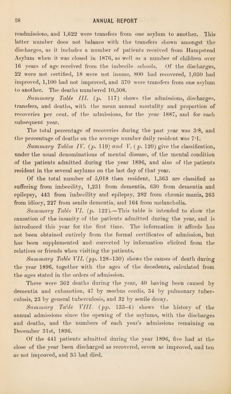 readmissions, and 1,622 were transfers from one asylum to another. This latter number does not balance with the transfers shown amongst the discharges, as it includes a number of patients received from Hampstead Asylum when it was closed in 1876, as well as a number of children over 16 years of age received from the imbecile schools. Of the discharges, 22 were not certified, 18 were not insane, 800 had recovered, 1,030 had improved, 1,100 had not improved, and 370 were transfers from one asylum to another. The deaths numbered 10,508. Summary liable III. (p. 117) shows the admissions, discharges, transfers, and deaths, with the mean annual mortality and proportion of recoveries per cent, of the admissions, for the year 1887, and for each subsequent year. The total percentage of recoveries during the past year was 3*8, and the percentage of deaths on the average number daily resident was 7T. Summary Tables IV. (p. 119) and V. (p. 120) give the classification, under the usual denominations of mental disease, of the mental condition of the patients admitted during the year 1896, and also of the patients resident in the several asylums on the last day of that year. Of the total number of 5,018 then resident, 1,363 are classified as suffering from imbecility, 1,231 from dementia, 630 from dementia and epilepsy, 443 from imbecility and epilepsy, 282 from chronic mania, 263 from idiocy, 227 from senile dementia, and 164 from melancholia. Summary Table VI. (p. 122).—This table is intended to show the causation of the insanity of the patients admitted during the year, and is introduced this year for the first time. The information it affords has not been obtained entirely from the formal certificates of admission, but has been supplemented and - corrected by information elicited from the relatives or friends when visiting the patients. Summary Table VII. (pp. 128-130) shows the causes of death during the year 1896, together with the ages of the decedents, calculated from the ages stated in the orders of admission. There were 362 deaths during the year, 40 having been caused by dementia and exhaustion, 47 by morbus cordis, 34 by pulmonary tuber¬ culosis, 23 by general tuberculosis, and 32 by senile decay. Summary Table VIII. (pp. 133-4) shows the history of the annual admissions since the opening of the asylums, with the discharges and deaths, and the numbers of each year’s admissions remaining on December 31st, 1896. Of the 441 patients admitted during the year 1896, five had at the close of the year been discharged as recovered, seven as improved, and ten as not improved, and 35 had died,