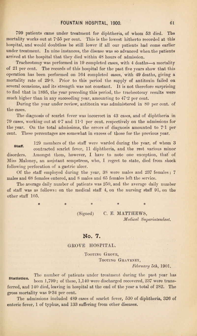 799 patients came under treatment for diphtheria, of whom 53 died. The mortality works out at 7’55 per cent. This is the lowest hitherto recorded at this hospital, and would doubtless be still lower if all our patients had come earlier under treatment. In nine instances, the disease was so advanced when the patients arrived at the hospital that they died within 48 hours of admission. Tracheotomy was performed in 19 completed cases, with 4 deaths—a mortality of 21 per cent. The records of this hospital for the past five years show that this operation has been performed on 164 completed cases, with 49 deaths, giving a mortality rate of 29’8, Prior to this period the supply of antitoxin failed on several occasions, and its strength was not constant. It is not therefore surprising to find that in 1895, the year preceding this period, the tracheotomy results were much higher than in any succeeding }^ear, amounting to 47*2 per cent. During the year under review, antitoxin was administered in 80 per cent, of the cases. The diagnosis of scarlet fever was incorrect in 43 cases, and of diphtheria in 79 cases, working out at 4*7 and 11T per cent, respectively on the admissions for the year. On the total admissions, the errors of diagnosis amounted to 7T per cent. These percentages are somewhat in excess of those for the previous year. 129 members of the staff were warded during the year, of whom 3 contracted scarlet fever, 11 diphtheria, and the rest various minor f disorders. Amongst them, however, I have to note one exception, that of Miss Maloney, an assistant sempstress, who, I regret to state, died from shock following perforation of a gastric ulcer. Of the staff employed during the year, 38 were males and 237 females : 7 males and 68 females entered, and 8 males and 65 females left the service. The average daily number of patients was 250, and the average daily number of staff was as follows: on the medical staff 4, on the nursing staff 91, on the other staff 105. Tfr 7F VTV Vfr (Signed) C. E. MATTHEWS, Medical Superintendent. No. 7. GLOVE HOSPITAL. Tooting Grove, Tooting Graveney, February 5th, 1901. The number of patients under treatment during the past year has been 1,799; of these, 1,140 were discharged recovered, 237 were trans¬ ferred, and 140 died, leaving in hospital at the end of the year a total of 282. The gross mortality was 9'34 per cent. The admissions included 489 cases of scarlet fever, 530 of diphtheria, 326 of enteric fever, 1 of typhus, and 133 suffering from other diseases.