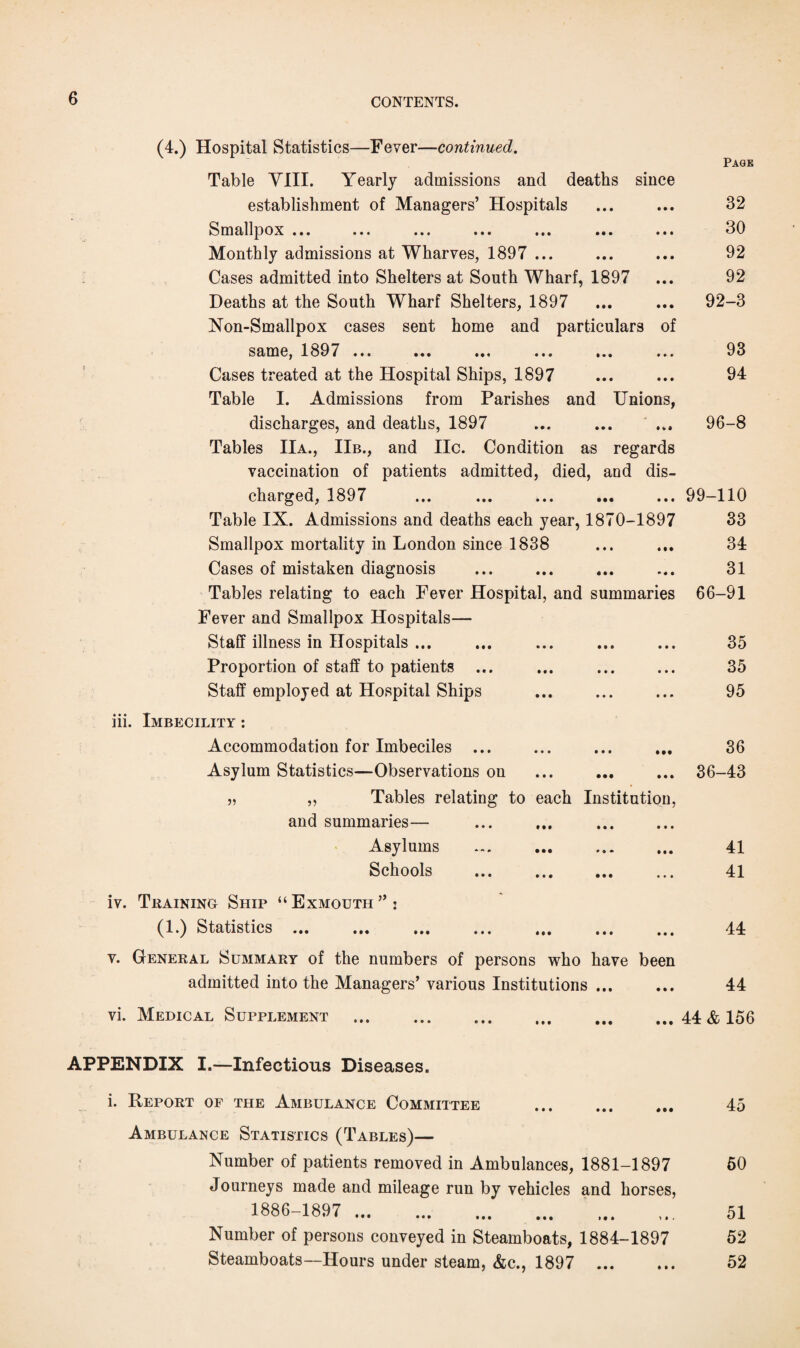 (4.) Hospital Statistics—Fever—continued. Table VIII. Yearly admissions and deaths since establishment of Managers’ Hospitals Smallpox ... ... ... ... ... ... ... Monthly admissions at Wharves, 1897 ... Cases admitted into Shelters at South Wharf, 1897 Deaths at the South Wharf Shelters, 1897 Non-Smallpox cases sent home and particulars of same, 1897 ... ... ... ... ... ... Cases treated at the Hospital Ships, 1897 Table I. Admissions from Parishes and Unions, discharges, and deaths, 1897 Tables IIa., IIb., and lie. Condition as regards vaccination of patients admitted, died, and dis¬ charged, 1897 Table IX. Admissions and deaths each year, 1870-1897 Smallpox mortality in London since 1838 Cases of mistaken diagnosis Tables relating to each Fever Hospital, and summaries Fever and Smallpox Hospitals— Staff illness in Hospitals ... Proportion of staff to patients ... Staff employed at Hospital Ships iii. Imbecility : Accommodation for Imbeciles ... Asylum Statistics—Observations on „ Tables relating to each Institution, and summaries— Asylums Schools . Page 32 30 92 92 92-3 93 94 96-8 99-110 33 34 31 66-91 35 35 95 36 36-43 41 41 iv. Training Ship “Exmouth”: (1.) Statistics ... ... ... ... ... ,,, ... 44 v. General Summary of the numbers of persons who have been admitted into the Managers’ various Institutions ... ... 44 vi. Medical Supplement .44 & 156 APPENDIX I.—Infectious Diseases. i. Report of the Ambulance Committee Ambulance Statistics (Tables)— Number of patients removed in Ambulances, 1881-1897 Journeys made and mileage run by vehicles and horses, 1886-1897 Number of persons conveyed in Steamboats, 1884-1897 Steamboats—Hours under steam, &c., 1897 ... 45 50 51 52 52