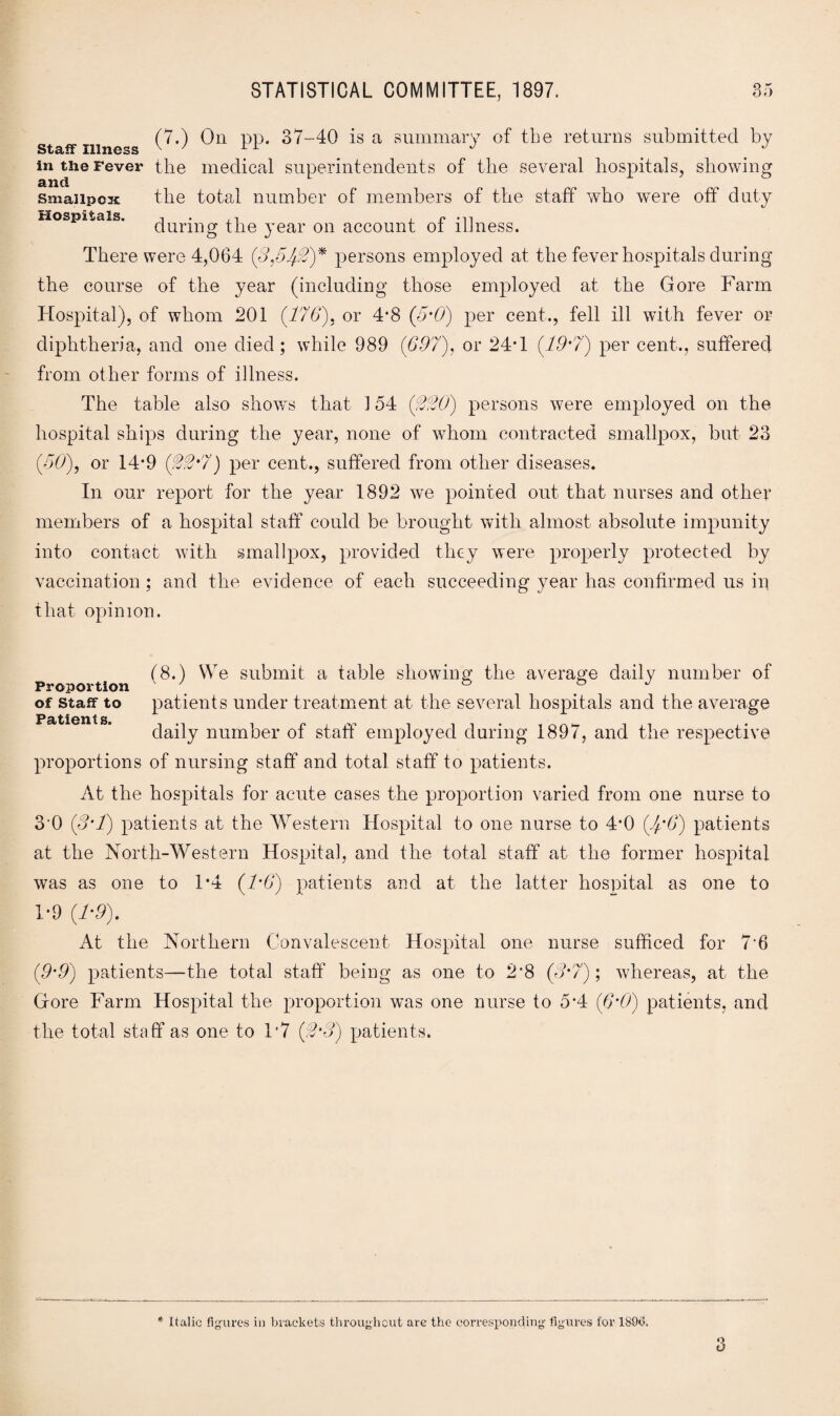 (7.) On pp. 37-40 is a summary of the returns submitted by Staff Illness J J J in the Fever the medical superintendents of the several hospitals, showing and smaiipcx the total number of members of the staff who were off duty Hospitals. i . ,, , r mi during the year on account ot llJness. There were 4,064 (3,54%)* persons employed at the fever hospitals during the course of the year (including those employed at the Gore Farm Hospital), of whom 201 (176). or 4*8 (5'0) per cent., fell ill with fever or diphtheria, and one died; while 989 (697), or 24*1 (19‘7) per cent., suffered from other forms of illness. The table also shows that 154 (3W) persons were employed on the hospital ships during the year, none of whom contracted smallpox, but 23 (7)0), or 14*9 (%<2'7) per cent., suffered from other diseases. In our report for the year 1892 we pointed out that nurses and other members of a hospital staff could be brought with almost absolute impunity into contact with smallpox, provided they were properly protected by vaccination; and the evidence of each succeeding year has confirmed us in that opinion. (8.) We submit a table showing the average daily number of Proportion v & J of staff to patients under treatment at the several hospitals and the average Patients daily number of staff employed during 1897, and the respective proportions of nursing staff and total staff to patients. At the hospitals for acute cases the proportion varied from one nurse to 3 0 (S’l) patients at the Western Hospital to one nurse to 4*0 (i'6) patients at the North-Western Hospital, and the total staff at the former hospital was as one to 1*4 (1’6) patients and at the latter hospital as one to 1-9 (1'9). At the Northern Convalescent Hospital one nurse sufficed for 7‘6 (9'9) patients—the total staff being as one to 2-8 (3*7); whereas, at the Gore Farm Hospital the proportion was one nurse to 5*4 (6'0) patients, and the total staff as one to 1 7 (3‘3) patients.