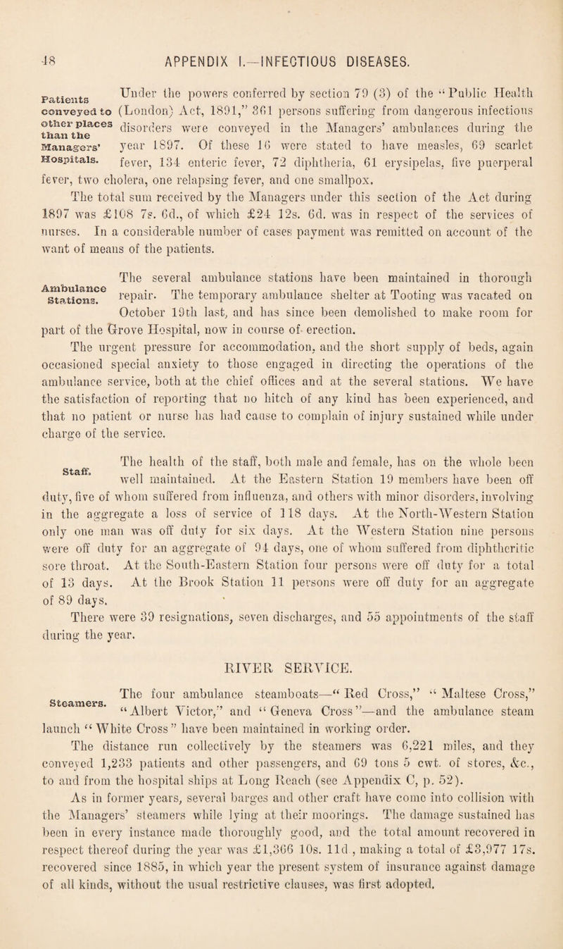 Fatients Under the powers conferred by section 79 (3) of the “ Public Health conveyed to (London) Act, 1891,” 301 persons suffering from dangerous infections other places disorders were conveyed in the Managers’ ambulances during the Managers’ year 1897. Of these 10 were stated to have measles, 69 scarlet Hospitals. fever, 134 enteric fever, 72 diphtheria, 61 erysipelas, five puerperal fever, two cholera, one relapsing fever, and one smallpox. The total sum received by the Managers under this section of the Act during 1897 was £108 7s. 6d., of which £24 12s. 6d. was in respect of the services of nurses. In a considerable number of cases payment was remitted on account of the want of means of the patients. The several ambulance stations have been maintained in thorough AgtaticmsCe rePair* The temporary ambulance shelter at Tooting was vacated on October 19th last, and has since been demolished to make room for part of the Grove Hospital, now in course of- erection. The urgent pressure for accommodation, and the short supply of beds, again occasioned special anxiety to those engaged in directing the operations of the ambulance service, both at the chief offices and at the several stations. We have the satisfaction of reporting that no hitch of any kind has been experienced, and that no patient or nurse has had cause to complain of injury sustained while under charge of the service. The health of the staff, both male and female, has on the whole been well maintained. At the Eastern Station 19 members have been off duty, five of whom suffered from influenza, and others with minor disorders, involving in the aggregate a loss of service of 118 days. At the North-Western Station only one man was off duty for six days. At the Western Station nine persons were off duty for an aggregate of 94 days, one of whom suffered from diphtheritic sore throat. At the South-Eastern Station four persons were off duty for a total of 13 days. At the Brook Station 11 persons were off duty for an aggregate of 89 days. There were 39 resignations, seven discharges, and 55 appointments of the staff during the year. RIVER SERVICE. The four ambulance steamboats—“ Red Cross,” “ Maltese Cross,” “Albert Victor,” and “Geneva Cross”—and the ambulance steam launch “ White Cross” have been maintained in working order. The distance run collectively by the steamers was 6,221 miles, and they conveyed 1,233 patients and other passengers, and 69 tons 5 cwt, of stores, &c., to and from the hospital ships at Long Reach (see Appendix C, p, 52). As in former years, several barges and other craft have come into collision with the Managers’ steamers while lying at their moorings. The damage sustained has been in every instance made thoroughly good, and the total amount recovered in respect thereof during the year was £1,366 10s. lid , making a total of £3,977 17s. recovered since 1885, in which year the present system of insurance against damage of all kinds, without the usual restrictive clauses, was first adopted.