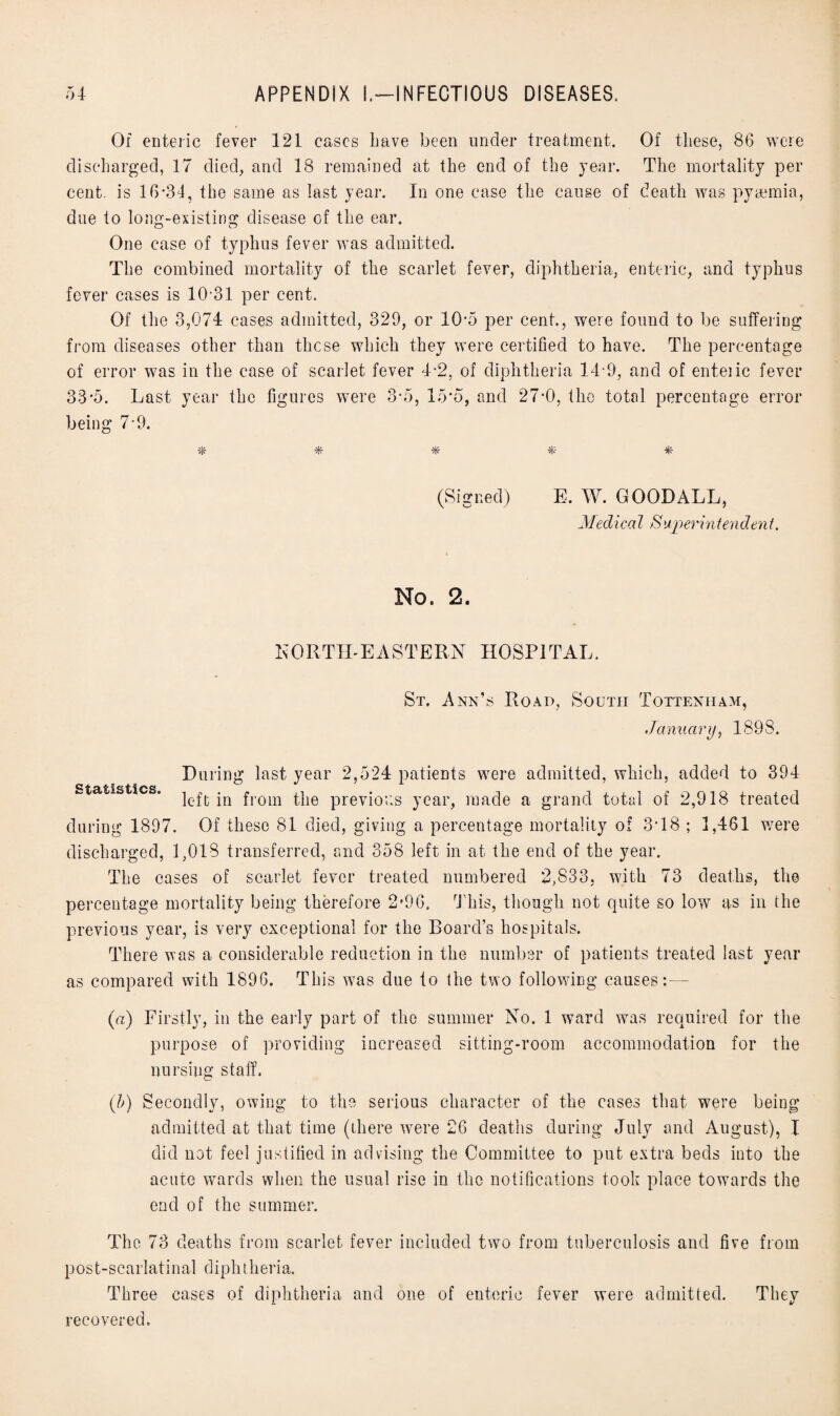 Of enteric fever 121 cases Lave been under treatment. Of these, 86 were discharged, 17 died, and 18 remained at the end of the year. The mortality per cent, is 16-34, the same as last year. In one case the cause of death was pyaemia, due to long-existing disease of the ear. One case of typhus fever was admitted. The combined mortality of the scarlet fever, diphtheria, enteric, and typhus fever cases is 10-31 per cent. Of the 3,074 cases admitted, 329, or 10-5 per cent., were found to be suffering from diseases other than these which they were certified to have. The percentage of error was in the case of scarlet fever 4-2, of diphtheria 14-9, and of enteiic fever 33-5. Last year the figures were 3-5, 15-5, and 27-0, the total percentage error being 7-9. -*■ * •*- (Signed) E. W. GOOD ALL, Meclica l S upei'intenden t. No. 2. NORTH-EASTERN HOSPITAL. St. Ann’s Road, South Tottenham, January, 1898. During last year 2,524 patients were admitted, which, added to 394 statistics. je£t *Q from the previous year, made a grand total of 2,918 treated during 1897. Of these 81 died, giving a percentage mortality of 3-18 ; 1,461 were discharged, 1,018 transferred, and 358 left in at the end of the year. The cases of scarlet fever treated numbered 2,833, with 73 deaths, the percentage mortality being therefore 2’96, This, though not quite so low as in the previous year, is very exceptional for the Board’s hospitals. There was a considerable reduction in the number of patients treated last year as compared with 1896. This was due to the two following causes:— («) Firstly, in the early part of the summer No. 1 ward was required for the purpose of providing increased sitting-room accommodation for the nursing staff. (b) Secondly, owing to the serious character of the cases that were being admitted at that time (there were 26 deaths during July and August), I did not feel justified in advising the Committee to put extra beds into the acute wards when the usual rise in the notifications took place towards the end of the summer. The 73 deaths from scarlet fever included two from tuberculosis and five from post-scarlatinal diphtheria. Three cases of diphtheria and one of enteric fever were admitted. They recovered.