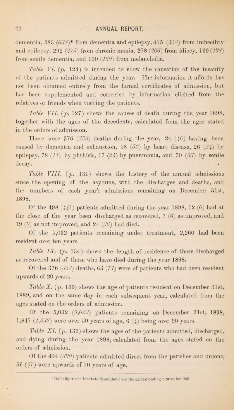 dementia, 583 (638)* from dementia and epilepsy, 415 (468) from imbecility and epilepsy, 292 (275) from chronic mania, 278 (266) from idiocy, 1G9 (108) from senile dementia, and 130 (160) from melancholia. Table VI. (p. 124) is intended to show the causation of the insanity of the patients admitted during the year. The information it affords has not been obtained entirely from the formal certificates of admission, but has been supplemented and corrected by information elicited from the relatives or friends when visiting the patients. Table VII. (p. 127) shows the causes of death during the, year 1898, together with the ages of the decedents, calculated from the ages stated in the orders of admission. There were 376 (358) deaths during the year, 24 (46) having been caused by dementia and exhaustion, 58 (50) by heart disease, 26 (24) by epilepsy, 78 (II) by phthisis, 17 (24) by pneumonia, and 70 (53) by senile decay. Table VIII. (p. 131) shows the history of the annual admissions since the opening of the asylums, with the discharges and deaths, and the numbers of each year’s admissions remaining on December 31st, 1898. Of the 498 (447) patients admitted during the year 1898, 12 (6') had at the close of the year been discharged as recovered, 7 (6) as improved, and 19 (0) as not improved, and 24 (36) had died. Of the 5,032 patients remaining under treatment, 2,260 had been resident over ten years. Table IX. (p. 134) shows the length of residence of those discharged as recovered and of those who have died during the year 1898. Of the 376 (358) deaths, 63 (71) were of patients who had been resident upwards of 20 years. Table X. (p. 133) shows the age of patients resident on December 31st, 1889, and on the same day in each subsequent year, calculated from the ages stated on the orders of admission. Of the 5,032 (5,022) patients remaining on December 31st, 1898, 1,847 (1,838) were over 50 years of age, 6 (4) being over 90 years. Table XI. (p. 136) shows the ages of the patients admitted, discharged, and dying during the year 1898, calculated from the ages stated on the orders of admission. Of the 454 (390) patients admitted direct from the parishes and unions, 56 (47) were upwards of 70 years of age.