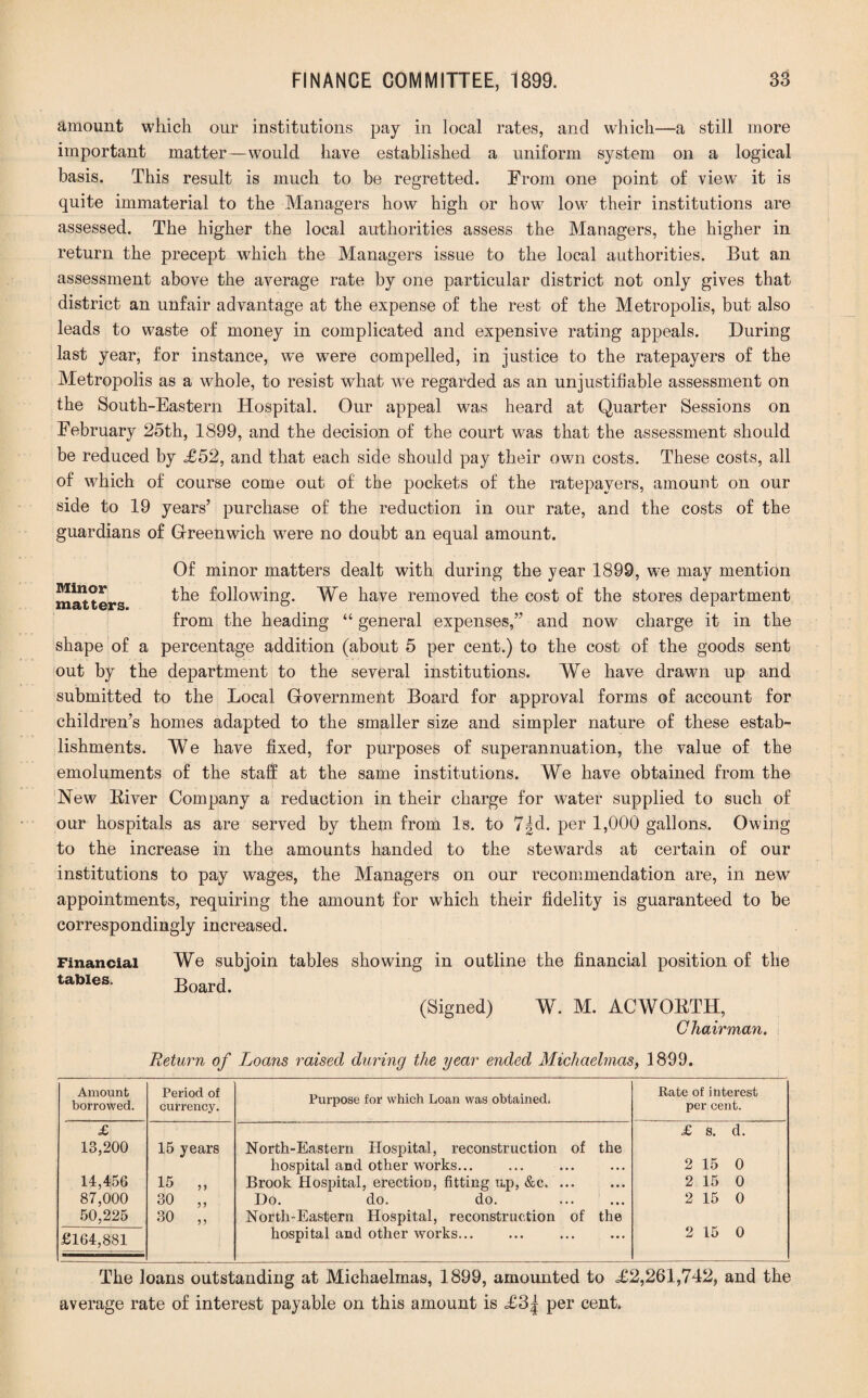 amount which our institutions pay in local rates, and which—a still more important matter—would have established a uniform system on a logical basis. This result is much to be regretted. From one point of view it is quite immaterial to the Managers how high or how low their institutions are assessed. The higher the local authorities assess the Managers, the higher in return the precept which the Managers issue to the local authorities. But an assessment above the average rate by one particular district not only gives that district an unfair advantage at the expense of the rest of the Metropolis, but also leads to waste of money in complicated and expensive rating appeals. During last year, for instance, w'e were compelled, in justice to the ratepayers of the Metropolis as a whole, to resist what wTe regarded as an unjustifiable assessment on the South-Eastern Hospital. Our appeal was heard at Quarter Sessions on February 25th, 1899, and the decision of the court was that the assessment should be reduced by £52, and that each side should pay their own costs. These costs, all of which of course come out of the pockets of the ratepayers, amount on our side to 19 years’ purchase of the reduction in our rate, and the costs of the guardians of Greenwich wrere no doubt an equal amount. Minor matters. Of minor matters dealt with during the year 1899, we may mention the following. We have removed the cost of the stores department from the heading “ general expenses,” and now charge it in the shape of a percentage addition (about 5 per cent.) to the cost of the goods sent out by the department to the several institutions. We have drawn up and submitted to the Local Government Board for approval forms of account for children’s homes adapted to the smaller size and simpler nature of these estab¬ lishments. We have fixed, for purposes of superannuation, the value of the emoluments of the staff at the same institutions. We have obtained from the New Fiver Company a reduction in their charge for water supplied to such of our hospitals as are served by them from Is. to 7|d. per 1,000 gallons. Owing to the increase in the amounts handed to the stewards at certain of our institutions to pay wages, the Managers on our recommendation are, in new appointments, requiring the amount for which their fidelity is guaranteed to be correspondingly increased. Financial We subjoin tables showing in outline the financial position of the tables. Board. (Signed) W. M. ACWOBTH, Chairman. Return of Loans raised during the year ended Michaelmas, 1899. Amount borrowed. Period of currency. Purpose for which Loan was obtained. Rate of interest per cent. £ 13,200 11,456 87,000 50,225 15 years 15 „ 30 „ 30 „ North-Eastern Hospital, reconstruction of the hospital and other works... Brook Hospital, erection, fitting up, &c. ... Do. do. do. North-Eastern Hospital, reconstruction of the hospital and other works. . £ 8. cl. 2 15 0 2 15 0 2 15 0 2 15 0 £164,881 The loans outstanding at Michaelmas, 1899, amounted to <£2,261,742, and the average rate of interest payable on this amount is £3% per cent.