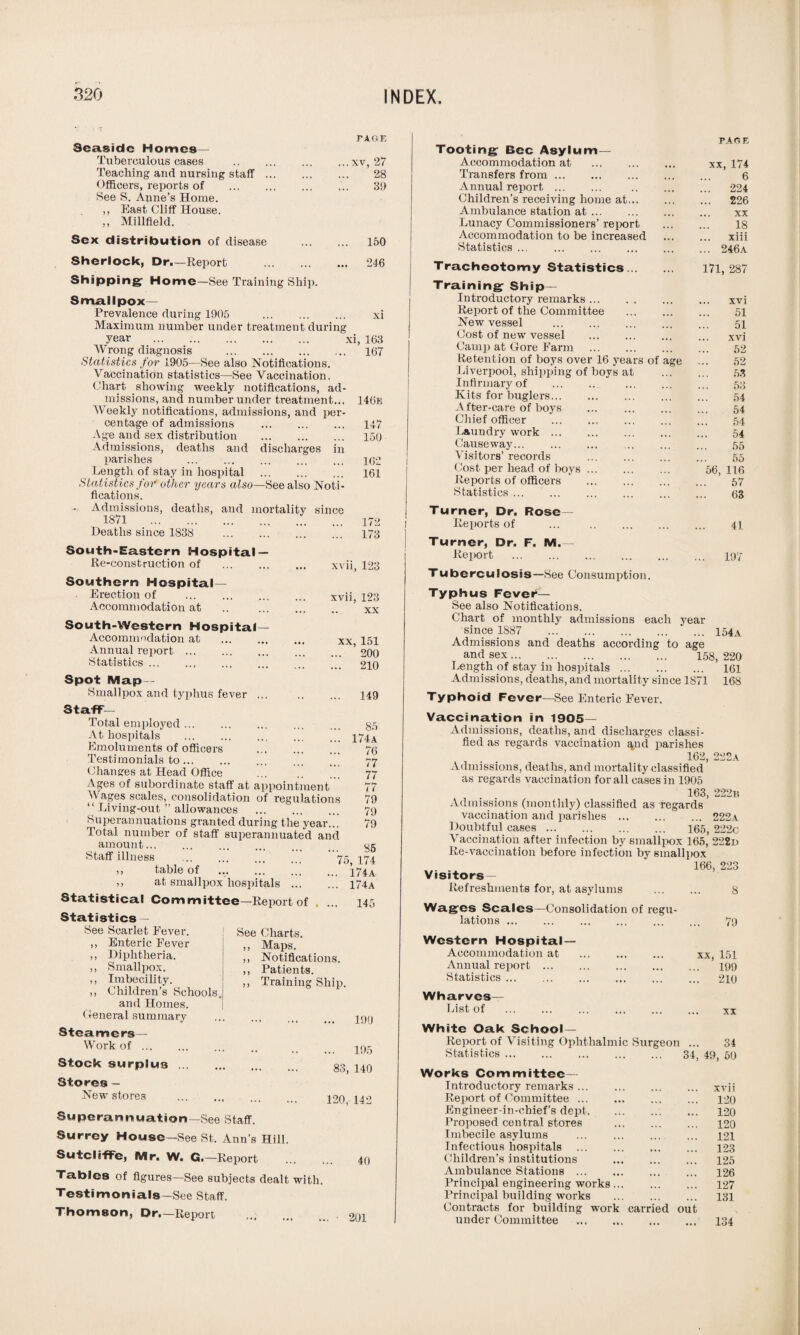 PAGE Seaside Homes— Tuberculous cases .xv, 27 Teaching and nursing staff. 28 Officers, reports of . 39 See S. Anne’s Home. ,, East Cliff House. ,, Millfleld. Sex distribution of disease . 150 Sherlock, Dr.—Report . 246 Shipping Home—See Training Ship. Smallpox- Prevalence during 1905 xi Maximum number under treatment during year . xi, 163 AVrong diagnosis . 167 Statistics for 1905—See also Notifications. Vaccination statistics—See Vaccination. Chart showing weekly notifications, ad¬ missions, and number under treatment... 140e AVeekly notifications, admissions, and per¬ centage of admissions . ... 117 Age and sex distribution . 150 Admissions, deaths and discharges in parishes . 162 Length of stay in hospital . 161 Statistics for other years also—See also Noti¬ fications. - Admissions, deaths, and mortality since 1871 172 Heaths since 1838 173 South-Eastern Hospital — Re-construction of . Southern Hospital- Erection of Accommodation at .. . South-Western Hospital- Accommodation at . Annual report. Statistics. xvii, 123 xvii, 123 XX xx, 151 200 Spot Map- Smallpox and typhus fever Staff- Total employed ... At hospitals . Emoluments of officers Testimonials to. Changes at Head Office . Ages of subordinate staff at appointment AV ages scales, consolidation of regulations “ Living-out ” allowances Superannuations granted during the year... Total number of staff superannuated and amount. Staff illness ,, table of . ,, at smallpox hospitals ... Statistical Committee—Report of Statistics — See Scarlet Fever. ,, Enteric Fever ,, Diphtheria. ,, Smallpox. ,, Imbecility. ,, Children’s Schools and Homes. General summary Steamers— Work of ... 210 149 85 174a 76 77 77 77 79 79 79 85 75, 174 . 174a . 174 a 145 See Charts. ,, Maps. ,, Notifications. ,, Patients. ,, Training Ship. 190 Stock surplus ... Stores - New stores Superannuation—See Staff. Surrey House—See St. Ann’s Hill. Sutcliffe, Mr. W. G.—Report Tables of figures—See subjects dealt with. Testimonials—See Staff. Thomson, Dr.—Report ... 195 83, 140 120, 142 40 201 Tooting Bee Asylum- Accommodation at . Transfers from. Annual report . Children’s receiving home at... Ambulance station at ... Lunacy Commissioners’ report Accommodation to be increased Statistics. Tracheotomy Statistics... Training Ship- Introductory remarks. Report of the Committee New vessel . Cost of new vessel Camp at Gore Farm . Retention of boys over 16 years of age Liverpool, shipping of boys at Infirmary of Kits for buglers... A fter-care of boys Chief officer Laundry work ... Causeway. Visitors’ records Cost per head of boys Reports of officers Statistics. Turner, Dr. Rose- Reports of Turner, Dr. F. Report Tuberculosis- M. -See Consumption. PAGE xx,174 6 ... 224 ... 226 xx 18 ... xiii ... 246a 171, 287 xvi 51 51 xvi 52 52 53 53 54 54 54 54 55 55 56, 116 57 63 41 197 Typhus Fever- See also Notifications. Chart of monthly admissions each year since 1887 . 154a Admissions and deaths according to age and sex. 158, 220 Length of stay in hospitals. 161 Admissions, deaths, and mortality since 1871 168 Typhoid Fever—See Enteric Fever. Va.ccina.tion in 1905- Admissions, deaths, and discharges classi¬ fied as regards vaccination ^nd parishes 162, 222a Admissions, deat hs, and mortality classified as regards vaccination for all cases in 1905 163, 222b Admissions (monthly) classified as regards vaccination and parishes. 222a Doubtful cases. 165, 222c A'accination after infection by smallpox 165, 222i> Re-vaccination before infection by smallpox Visitors - Refreshments for, at asylums Wages Scales—Consolidation of regu¬ lations ... Western Hospital- Accommodation at Annual report. Statistics. Wharves— List of . 166, 99? 79 xx, 151 199 .. 210 xx White Oak School- Report of Visiting Ophthalmic Surgeon ... 34 Statistics. 34, 49, 50 Works Committee- Introductory remarks. xvii Report of Committee. 120 Engineer-in-chiefs dept. 120 Proposed central stores . 120 Imbecile asylums . ... 121 Infectious hospitals . 123 Children’s institutions . 125 Ambulance Stations. 126 Principal engineering works. 127 Principal building works . 131 Contracts for building -work carried out under Committee . 134