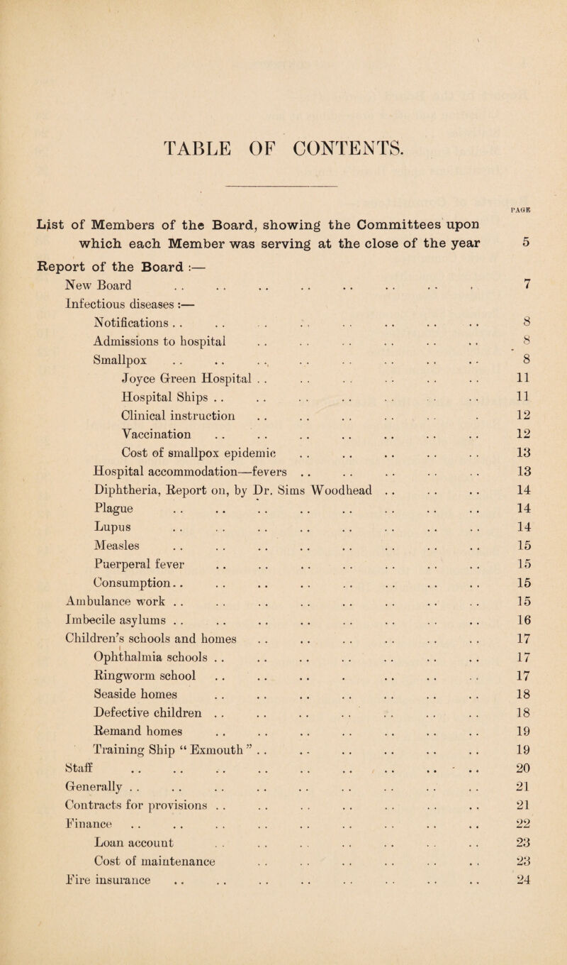 TABLE OF CONTENTS. \ PAGE Ljst of Members of the Board, showing the Committees upon which each Member was serving at the close of the year 5 Report of the Board :— New Board . . . . . . . . . . . . . . . 7 Infectious diseases :— Notifications , . . . . . . . . . . . . . . . 8 Admissions to hospital . . . . . . . . . . . . 8 Smallpox . . .. . . . . . . . . . . . - 8 Joyce Gfreen Hospital . . . . . . . . . . . . 11 Hospital Ships .. . . . . . . . . . . . . 11 Clinical instruction . . . . . , . . . . . 12 Vaccination . . . . . . . . .. . . . . 12 Cost of smallpox epidemic . . . . . . . . . . 13 Hospital accommodation—fevers .. . . . . . . . . 13 Diphtheria, Report on, by Dr. Sims Woodhead . . . . . . 14 Plague . . . . .. .. .. .. .. .. 14 Lupus . . . . . . . . . . .. .. .. 14 Measles . . . . . . . . . . . . . . . . 15 Puerperal fever . . . . . . . . . . . . . . 15 Consumption.. . . .. . . . . . . . . . . 15 Ambulance work . . . . . . . . . . . . . . . . 15 Imbecile asylums . . . . . . . . . . . . . . . . 16 Children's schools and homes . . . . . . . . . . . . 17 i Ophthalmia schools . . .. . . . . . . . . . . 17 Ringworm school . . .. .. . .. . . . . 17 Seaside homes . . . . . . . . . . . . . . 18 Defective children . . . . . . . . . . . . . . 18 Remand homes . . . . .. . . . . . . . . 19 Training Ship “ Exmouth . .. .. .. .. .. 19 Stall .. .. .. . . . . .. . . .. - .. 20 Generally . . . . . . . . . . . . . . . . . . 21 Contracts for provisions . . . . . . . . . . . . . . 21 Finance .. .. .. .. .. . . . . . . , . 22 Loan account . . . . .. .. .. .. . . 23 Cost of maintenance . . . . . . . . . . . . 23 Fire insurance .. . . . . . . . . . . . . .. 24