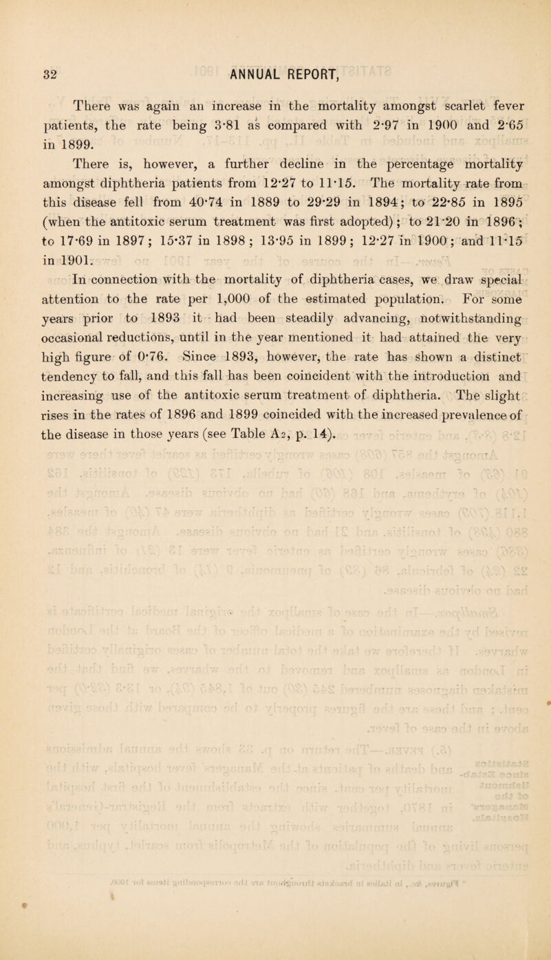 There was again an increase in the mortality amongst scarlet fever patients, the rate being 3*81 as compared with 2*97 in 1900 and 2*65 in 1899. There is, however, a further decline in the percentage mortality amongst diphtheria patients from 12*27 to 11*15. The mortality rate from this disease fell from 40*74 in 1889 to 29*29 in 1894; to 22*85 in 1895 (when the antitoxic serum treatment was first adopted); to 21*20 in 1896 ; to 17*69 in 1897; 15*37 in 1898 ; 13*95 in 1899; 12*27 in 1900; and 11*15 in 1901. In connection with the mortality of diphtheria cases, we draw special attention to the rate per 1,000 of the estimated population. For some years prior to 1893 it had been steadily advancing, notwithstanding occasional reductions, until in the year mentioned it had attained the very high figure of 0*76. Since 1893, however, the rate has shown a distinct tendency to fall, and this fall has been coincident with the introduction and increasing use of the antitoxic serum treatment of diphtheria. The slight rises in the rates of 1896 and 1899 coincided with the increased prevalence of the disease in those years (see Table A2, p. 14).