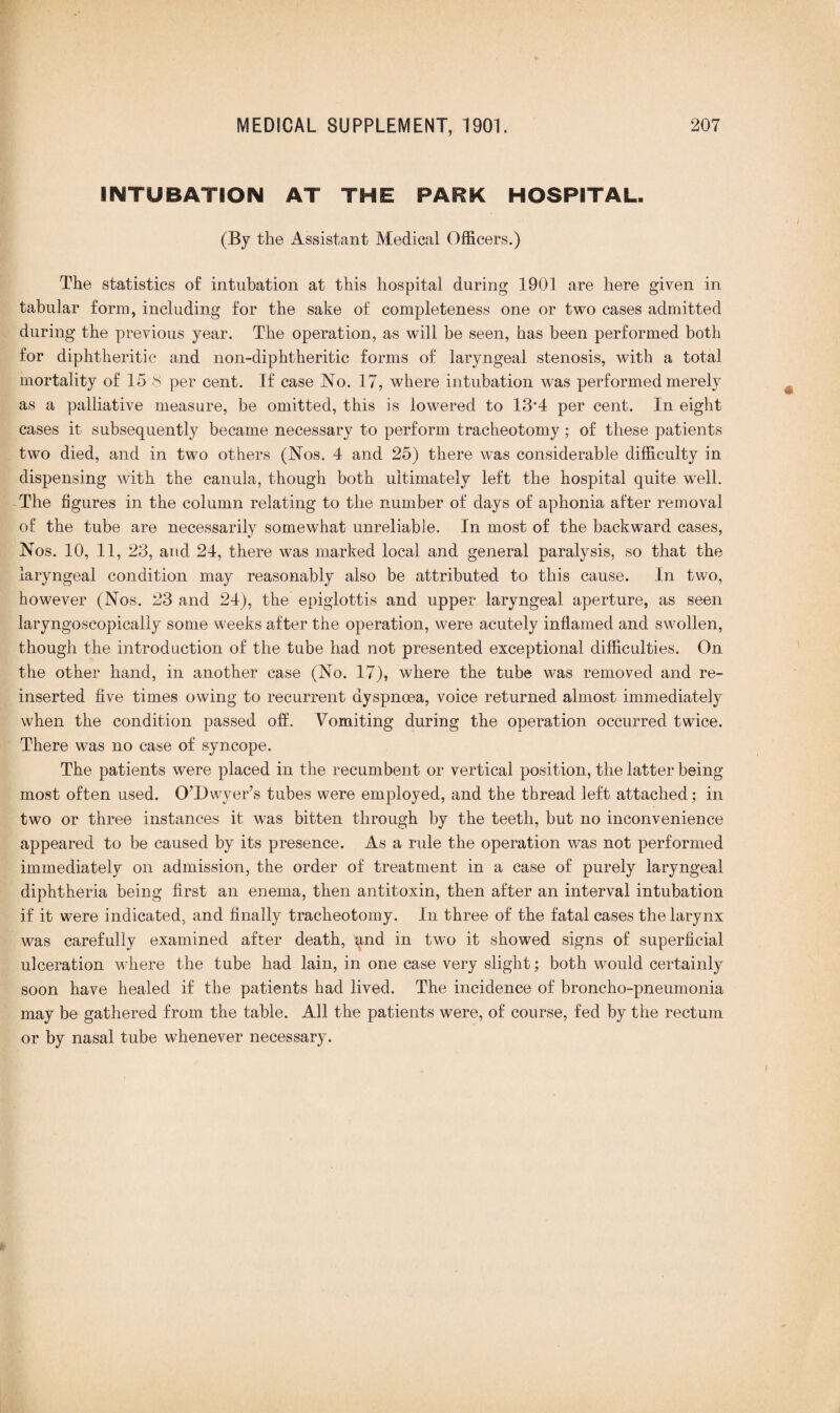 INTUBATION AT THE PARK HOSPITAL. (By the Assistant Medical Officers.) The statistics of intubation at this hospital during 1901 are here given in tabular form, including for the sake of completeness one or two cases admitted during the previous year. The operation, as will be seen, has been performed both for diphtheritic and non-diphtheritic forms of laryngeal stenosis, with a total mortality of 15 s per cent. If case No. 17, where intubation was performed merely as a palliative measure, be omitted, this is lowered to 13*4 per cent. In eight cases it subsequently became necessary to perform tracheotomy; of these patients two died, and in two others (Nos. 4 and 25) there was considerable difficulty in dispensing with the canula, though both ultimately left the hospital quite well. The figures in the column relating to the number of days of aphonia after removal of the tube are necessarily somewhat unreliable. In most of the backward cases, Nos. 10, 11, 23, and 24, there was marked local and general paralysis, so that the laryngeal condition may reasonably also be attributed to this cause. In two, however (Nos. 23 and 24), the epiglottis and upper laryngeal aperture, as seen laryngoscopicaliy some weeks after the operation, were acutely inflamed and swollen, though the introduction of the tube had not presented exceptional difficulties. On the other hand, in another case (No. 17), where the tube was removed and re¬ inserted five times owing to recurrent dyspnoea, voice returned almost immediately when the condition passed off. Vomiting during the operation occurred twice. There was no case of syncope. The patients were placed in the recumbent or vertical position, the latter being- most often used. O’Dwyer’s tubes were employed, and the thread left attached; in two or three instances it was bitten through by the teeth, but no inconvenience appeared to be caused by its presence. As a rule the operation was not performed immediately on admission, the order of treatment in a case of purely laryngeal diphtheria being first an enema, then antitoxin, then after an interval intubation if it were indicated, and finally tracheotomy. In three of the fatal cases the larynx was carefully examined after death, and in two it showed signs of superficial ulceration where the tube had lain, in one case very slight; both would certainly soon have healed if the patients had lived. The incidence of broncho-pneumonia may be gathered from the table. All the patients were, of course, fed by the rectum or by nasal tube whenever necessary.