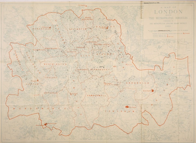 STOKE NEWINGTON N W. Hospital ^ Hqsprtal SHOREDIT-GH B£-TH’N.;AJl GREEN EM'N'S-BJJJR-.Y S1 MARVlvEBONE P E^N*€TO N H 0 L'-B 0 R N NORTH WHARF WTH IARF SO U'THWAR k W. Hospital S.E.Hospital DEPT Brook Hospital camb-erwel ParW Hospital Fountain Hospital Grore Hosi ’l^rj»liiii«t fc Enteric Fever, 1901. N E Hospital EVPHOtOft ENTERIC FEVER + A B 'A'T-T-E R ‘S E A V S.W Hospital CP