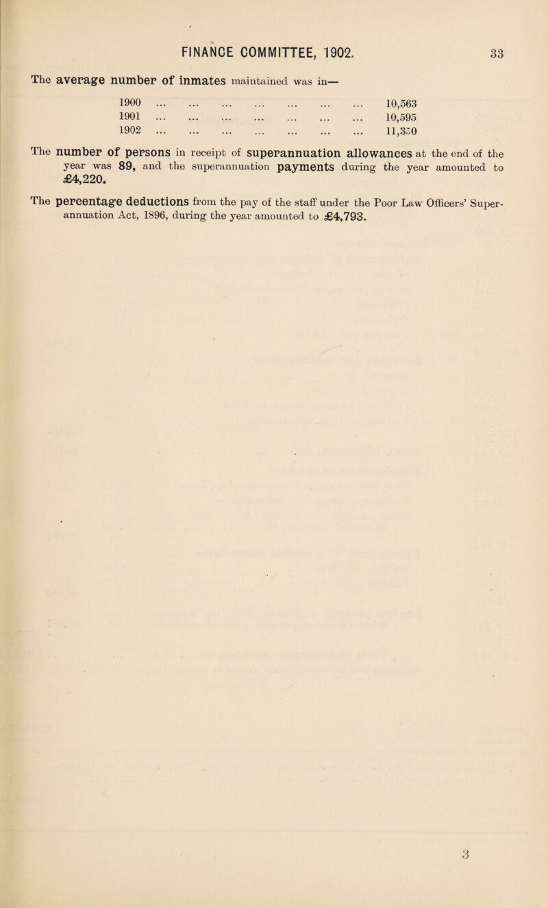 The average number Of inmates maintained was in- 1900 1901 1902 10,563 10,595 11,330 The number of persons in receipt of superannuation allowances at the end of the year was 89, and the superannuation payments during the year amounted to £4,220, The percentage deductions from the pay of the staff under the Poor Law Officers’ Super¬ annuation Act, 1896, during the year amounted to £4,793. 3