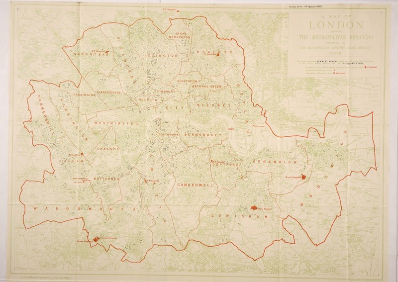 N E. Hospital Scurlwl Fever 4'l' Quarter 1902. • •STOK^E NEWI NGTON N.W. Hospital Hospital SHORE D'-IT C H- SEtHNAt GREEN F. I N S--B-JU R Y SJMARYLEBONE PADDINGTON H 0 L.& 0 SOUTH SO.UTHWARK Hospital ,S.E.Hospital - •. - D. £ P T F- O- R D' Brook Hospital AT T E RE;A MEAD AMBO'C^NCE + STATION WEST WM*Pf ^ \ C A M B ERW.Ei L Park Hospital ^^..fountairt Hospital Grove Hi SCARLET FEVER 4T. QUARTER 1902. ^ E Hospital + WEST WHARF C H ELSE A %&:WHospita1 \-y ■ 03 w.