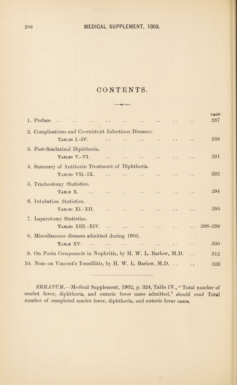 CONTENTS. —»- --. PAGE 1. Preface . . . . . . . . . . . . .. . . .. 287 2. Complications and Co-existent Infectious Diseases. Tables I.—*IV. •• •• •*> . * •• •• 288 3. Post-Scarlatinal Diphtheria. Tables V.-VI. . . . . . . . . . . . . 291 4. Summary of Antitoxin Treatment of Diphtheria. Tables VII.-IX. . 292 5. Tracheotomy Statistics. Table X. . . . . • . . . . . . . . 294 6. Intubation Statistics. Tables XI.-XII. . . . . . . . . . . . . 295 7. Laparotomy Statistics. Tables XIII.-XIV.. 296-299 8. Miscellaneous diseases admitted during 1903. Table XV. 300 9. On Purin Compounds in Nephritis, by H. W. L. Barlow, M.D. . . 312 10. Note on Vincent’s Tonsillitis, by H. W. L. Barlow, M.D. , . .. 323 ERRATUM.—Medical Supplement, 1902, p. 324, Table IV., “ Total number of scarlet fever, diphtheria, and enteric fever cases admitted,” should read Total number of completed scarlet fever, diphtheria, and enteric fever cases.