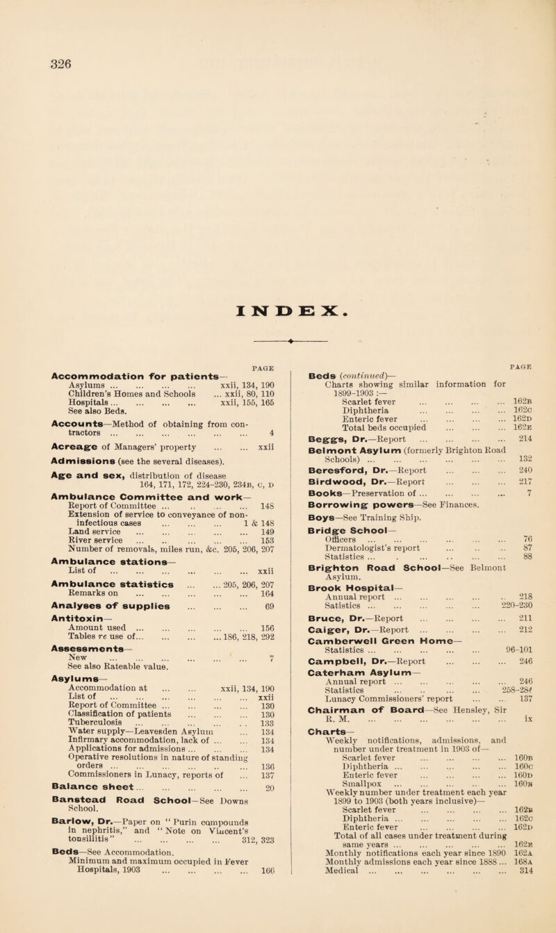 INDEX. -*- PAGE Accommodation for patients— Asylums. xxii, 134, 190 Children’s Homes and Schools ... xxii, 80, 110 Hospitals. xxii, 155, 165 See also Beds. Accounts—Method of obtaining from con¬ tractors . 4 Acreage of Managers’ property . xxii Admissions (see the several diseases). Age and sex, distribution of disease 164, 171, 172, 224-230, 234b, c, d Ambulance Committee and work Report of Committee ... . 14S Extension of service to conveyance of non- infectious cases . 1 & 148 Land service . 149 River service . 153 Number of removals, miles run, &c. 205, 206, 207 Ambulance stations— List of . xxii Ambulance statistics . 205, 206, 207 Remarks on . 164 Analyses of supplies . 69 Antitoxin— Amount used . 156 Tables re use of.186, 218, 292 Assessments— New ... ... ... ... ... ' ... 7 See also Rateable value. Asylums— Accommodation at . xxii, 134, 190 List of ... ... ... ... ... ... xxii Report of Committee. 130 Classification of patients . 130 Tuberculosis . 133 Water supply—Leavesden Asylum ... 134 Infirmary accommodation, lack of. 134 Applications for admissions. 134 Operative resolutions in nature of standing orders. ... 136 Commissioners in Lunacy, reports of ... 137 Balance sheet. 20 Banstead Road School—See Downs School. Barlow, Dr.—Paper on “ Purin compounds in nephritis,” and “ Note on Vincent’s tonsillitis” . 312, 323 Beds—See Accommodation. Minimum and maximum occupied in Eever Hospitals, 1903 . 166 PAGE Beds (continued)— Charts showing similar information for 1899-1903 :— Scarlet fever .162b Diphtheria 162c Enteric fever .162d Total beds occupied .162e BeggS, Dr.—Report . 214 Belmont Asylum (formerly Brighton Road Schools) ... ... ... ... ... ... 132 Beresford, Dr.—Report . 240 Birdwood, Dr.—Report . 217 Books—Preservation of. 7 Borrowing powers—See Finances. Boys—See Training Ship. Bridge School- Officers . 76 Dermatologist’s report ... . 87 Statistics ... . ... . 88 Brighton Road School—See Belmont Asylum. Brook Hospital- Annual report . .. 218 Satistics ... ... ... ... ... 220-230 Bruce, Dr.—Report . 211 Caiger, Dr.—Report . 212 Camberwell Green Home- Statistics . 96-101 Campbell, Dr.—Report . 246 Caterham Asylum- Annual report. 246 Statistics 258-284 Lunacy Commissioners’ report . 137 Chairman of Board—See Hensley, Sir R. M. ix Charts— Weekly notifications, admissions, and number under treatment in 1903 of— Scarlet fever .160b Diphtheria.160c Enteric fever .160d Smallpox .160b Weekly number under treatment each year 1899 to 1903 (both years inclusive)— Scarlet fever .162b Diphtheria.162c Enteric fever .162d Total of all cases under treatment during same years.162e Monthly notifications each year since 1S90 162a Monthly admissions each year since 1888 ... 168a Medical . 314