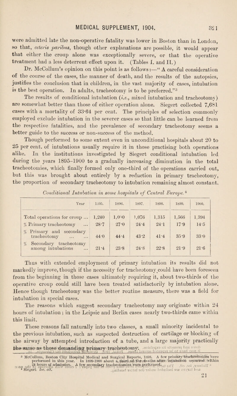 were admitted late the non-operative fatality was lower in Boston than in London, so that, ceteris paribus, though other explanations are possible, it would appear that either the croup alone was exceptionally severe, or that the operative treatment had a less deterrent effect upon it. (Tables I. and II.) Dr. McCollum’s opinion on this point is as follows :—“ A careful consideration of the course of the cases, the manner of death, and the results of the autopsies, justifies the conclusion that in children, in the vast majority of cases, intubation is the best operation. In adults, tracheotomy is to be preferred.”3 The results of conditional intubation (i.e., mixed intubation and tracheotomy) are somewhat better than those of either operation alone. Siegert collected 7,681 cases with a mortality of 33*64 per cent. The principles of selection commonly employed exclude intubation in the severer cases so that little can be learned from the respective fatalities, and the prevalence of secondary tracheotomy seems a better guide to the success or non-success of the method. Though performed to some extent even in unconditional hospitals about 20 to 25 per cent, of intubations usually require it in those practising both operations alike. In the institutions investigated by Siegert conditional intubation led during the years 1895-1900 to a gradually increasing diminution in the total tracheotomies, which finally formed only one-third of the operations carried out, but this was brought about entirely by a reduction in primary tracheotomy, the proportion of secondary tracheotomy to intubation remaining almost constant. Conditional Intubation in some hospitals of Central Europe.4 Year 1395. 1896. 1897. 1898. 1899. 1900. Total operations for croup ... 1,240 1,040 1,076 1,315 1,566 1,394 % Primary tracheotomy 28*7 27*0 24*4 241 17-9 14-5 % Primary and secondary tracheotomy 44 0 44-4 43*2 4P4 35'9 33-0 % Secondary tracheotomy among intubations 21*4 23*8 24*8 22*8 21*9 2P6 Thus with extended employment of primary intubation its results did not markedly improve, though if the necessity for tracheotomy could have been foreseen from the beginning in those cases ultimately requiring it, about two-thirds of the operative croup could still have been treated satisfactorily by intubation alone. Hence though tracheotomy was the better routine measure, there was a field for intubation in special cases. The reasons which suggest secondary tracheotomy may originate within 24 hours of intubation; in the Leipsic and Berlin cases nearly two-thirds came within this limit. These reasons fall naturally into two classes, a small minority incidental to the previous intubation, such as suspected destruction of cartilage or blocking of the airway by attempted introduction of a tube, and a large majority practically the: same> as these demanding torim«ry; trabh^tom<y2 .noeinqxs m oimno-iq ihm a-wiv _.shrunnlD -,ui jimb;-ai:<X ^r.LiijvU .mOi. .hnjoU .soon! I‘.t;7c.>.-. o Bcovu -.*<-■ oj 7; m n_, 3 McCollum, Boston City Hospital Medical and Surgical Reports, 1898. A few priniafy tl'aelife'oton'nes 'Were performed in this year. In 1899-1900 about a,,t Ijdrdr&fi(thg-jrdeatfrp: aftir,-• ion oqemdled Vvlthin a OB Mi % f «dT •& ‘ Siegert foe. cit. .vnib&Qtl odJ lohnn he bu lord Bits >:« (t«l bu« 4 Siegert foe. cit. 21