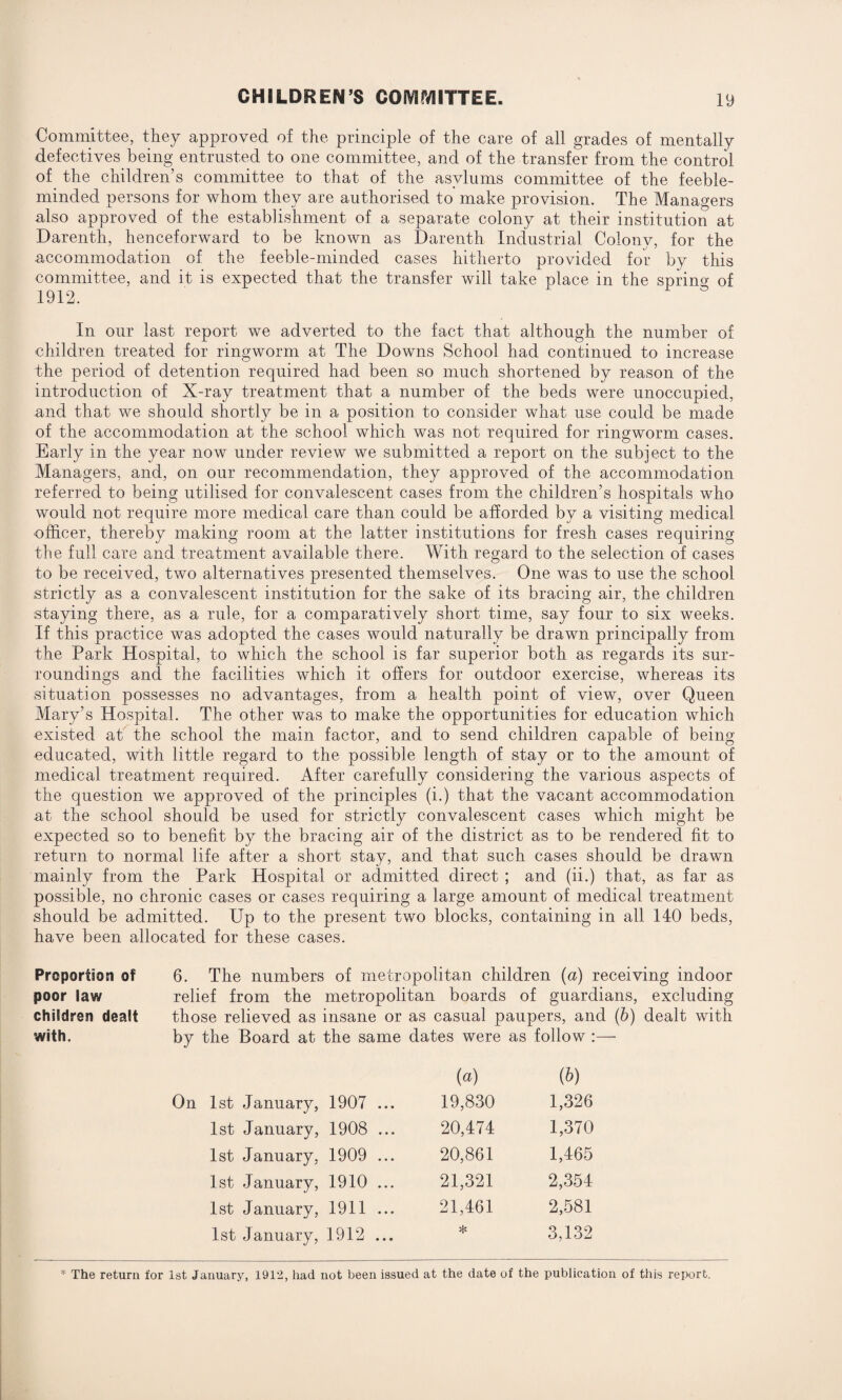 Committee, they approved of the principle of the care of all grades of mentally defectives being entrusted to one committee, and of the transfer from the control of the children’s committee to that of the asylums committee of the feeble¬ minded persons for whom they are authorised to make provision. The Managers also approved of the establishment of a separate colony at their institution at Darenth, henceforward to be known as Darenth Industrial Colony, for the accommodation of the feeble-minded cases hitherto provided for by this committee, and it is expected that the transfer will take place in the sprino- of 1912. In our last report we adverted to the fact that although the number of children treated for ringworm at The Downs School had continued to increase the period of detention required had been so much shortened by reason of the introduction of X-ray treatment that a number of the beds were unoccupied, and that we should shortly be in a position to consider what use could be made of the accommodation at the school which was not required for ringworm cases. Early in the year now under review we submitted a report on the subject to the Managers, and, on our recommendation, they approved of the accommodation referred to being utilised for convalescent cases from the children’s hospitals who would not require more medical care than could be afforded by a visiting medical officer, thereby making room at the latter institutions for fresh cases requiring the full care and treatment available there. With regard to the selection of cases to be received, two alternatives presented themselves. One was to use the school strictly as a convalescent institution for the sake of its bracing air, the children staying there, as a rule, for a comparatively short time, say four to six weeks. If this practice was adopted the cases would naturally be drawn principally from the Park Hospital, to which the school is far superior both as regards its sur¬ roundings and the facilities which it offers for outdoor exercise, whereas its situation possesses no advantages, from a health point of view, over Queen Mary’s Hospital. The other was to make the opportunities for education which existed at the school the main factor, and to send children capable of being educated, with little regard to the possible length of stay or to the amount of medical treatment required. After carefully considering the various aspects of the question we approved of the principles (i.) that the vacant accommodation at the school should be used for strictly convalescent cases which might be expected so to benefit by the bracing air of the district as to be rendered fit to return to normal life after a short stay, and that such cases should be drawn mainly from the Park Hospital or admitted direct ; and (ii.) that, as far as possible, no chronic cases or cases requiring a large amount of medical treatment should be admitted. Up to the present two blocks, containing in all 140 beds, have been allocated for these cases. Proportion of poor law children dealt with. 6. The numbers of metropolitan children (a) receiving indoor relief from the metropolitan boards of guardians, excluding those relieved as insane or as casual paupers, and (b) dealt with by the Board at the same dates were as follow : (a) (b) On 1st January, 1907 ... 19,830 1,326 1st January, 1908 ... 20,474 1,370 1st January, 1909 ... 20,861 1,465 1st January, 1910 ... 21,321 2,354 1st January, 1911 ... 21,461 2,581 1st January, 1912 ... * 3,132 * The return for 1st January, 1912, had not been issued at the date of the publication of this report.