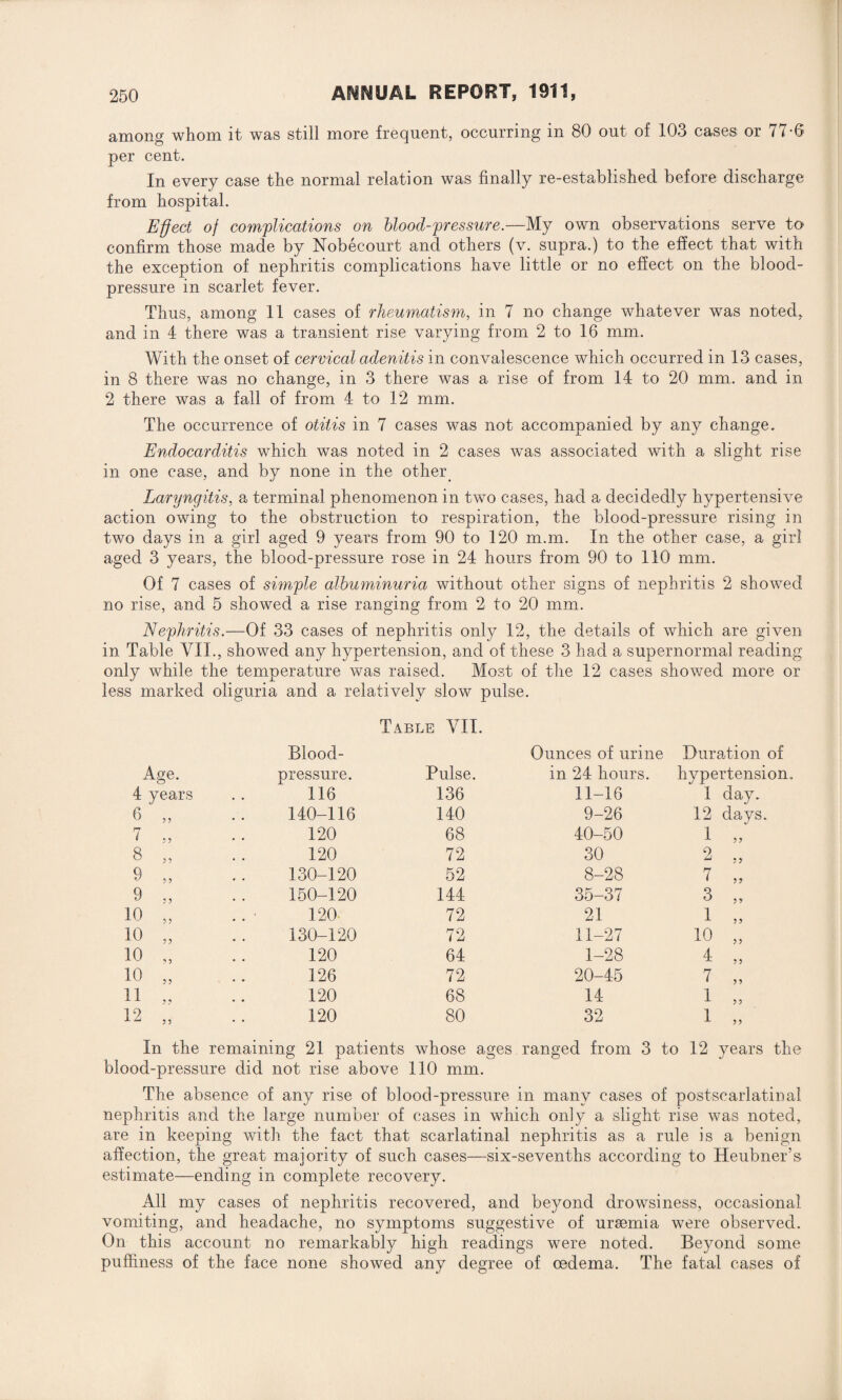 among whom it was still more frequent, occurring in 80 out of 103 cases or 77-6 per cent. In every case the normal relation was finally re-established before discharge from hospital. Effect of complications on blood-pressure.—My own observations serve to confirm those made by Nobecourt and others (v. supra.) to the effect that with the exception of nephritis complications have little or no effect on the blood- pressure in scarlet fever. Thus, among 11 cases of rheumatism, in 7 no change whatever was noted, and in 4 there was a transient rise varying from 2 to 16 mm. With the onset of cervical adenitis in convalescence which occurred in 13 cases, in 8 there was no change, in 3 there was a rise of from 14 to 20 mm. and in 2 there was a fall of from 4 to 12 mm. The occurrence of otitis in 7 cases was not accompanied by any change. Endocarditis which was noted in 2 cases was associated with a slight rise in one case, and by none in the other Laryngitis, a terminal phenomenon in two cases, had a decidedly hypertensive action owing to the obstruction to respiration, the blood-pressure rising in two days in a girl aged 9 years from 90 to 120 m.m. In the other case, a girl aged 3 years, the blood-pressure rose in 24 hours from 90 to 110 mm. Of 7 cases of simple albuminuria without other signs of nephritis 2 showed no rise, and 5 showed a rise ranging from 2 to 20 mm. Nephritis.—Of 33 cases of nephritis only 12, the details of which are given in Table VII., showed any hypertension, and of these 3 had a supernormal reading- only while the temperature was raised. Most of the 12 cases showed more or less marked oliguria and a relatively slow pulse. Age. Blood- pressure. Table VII. Pulse. Ounces of urine in 24 hours. Duration of hypertension. 4 years 116 136 11-16 1 day. 6 „ 140-116 140 9-26 12 days. 7 „ 120 68 40-50 1 „ 8 „ 120 72 30 2 „ 9 „ 130-120 52 8-28 7 „ 9 „ 150-120 144 35-37 3 „ 10 „ 120 72 21 1 „ 10 „ 130-120 72 11-27 10 „ 10 „ 120 64 1-28 4 „ 10 „ 126 72 20-45 7 „ 11 „ 120 68 14 1 „ 12 „ 120 80 32 1 „ In the remaining 21 patients whose ages ranged from 3 to 12 years the blood-pressure did not rise above 110 mm. The absence of any rise of blood-pressure in many cases of postscarlatinal nephritis and the large number of cases in which only a slight rise was noted, are in keeping with the fact that scarlatinal nephritis as a rule is a benign affection, the great majority of such cases—six-sevenths according to Heubner’s estimate—ending in complete recovery. All my cases of nephritis recovered, and be}mnd drowsiness, occasional vomiting, and headache, no symptoms suggestive of uraemia were observed. On this account no remarkably high readings were noted. Beyond some puffiness of the face none showed any degree of oedema. The fatal cases of
