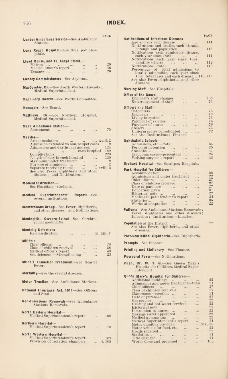 PAGE London Ambulance Service—See Ambulance Stations. Long Reach Hospital—See Smallpox Hos¬ pitals. Lloyd House, and 12, Lloyd Street- Matron ... ... ... ... ... 29 Medical officer’s report ... ... 46 Tenancy ... ... ... ... ... 26 Lunacy Commissioners—See Asylums. IVIacCombie, Dr.—See North Western Hospital, Medical Superintendent. Machinery Guards—See Works Committee. PAGE Notifications of Infectious Diseases— Age and sex each disease ... ... 114 Notifications and deaths, each disease, borough and population ... ... 113 Notifications each admissible disease, each year since 1890 ... ... Ill Notifications each year since 1897, monthly (chart) ... ... ... 112 Notifications—total ... ... ... 110 Percentage of total admissions to legally admissible, each year since 1890, total cases and each disease ...110, 112 See also Fever, diphtheria, and other diseases. Nursing Staff—See Hospitals. Office of the Board— Engineer’s staff changes ... ... 103 Re-arrangement of staff ... ... 73 Managers—See Board. Matthews, Dr.—See Northern Hospital, Medical Superintendent. Mead Ambulance Station— Assessment ... ... ... ... 75 Measles— Accommodation ... ... ... xviii, 2 Admission extended to non-pauper cases 2 Admissions and deaths, age and sex ... 124 ,, ,, ,, each hospital 180 Complications ... ... ... ... 220 Length of stay in each hospital ... 130 Maximum under treatment ... ... 2 Purpose of admission ... ... ... 2 Separate receiving rooms ... ... xviii, 3 See also Fever, diphtheria and other diseases ; and Notifications. Medical instruction— See Hospitals—students. Medical Superintendents’ Reports—See several institutions. Membranous Group—See Fever, diphtheria, and other diseases ; and Notifications. Meningitis, Gerebro-Spinal—See Cerebro¬ spinal meningitis. Mentally Defectives— fte-classification ... ... xi, xiii, 7 Millfield— Chief officers ... ... ... ... 28 Class of children received ... ... 28 Medical officer’s report ... ... 40 Sea defences —Strengthening ... 23 Officers and Staff— Carpenters ... ... ... ... 73 Engineers ... ... ... ... 73 Living-in system ... ... ... 73 Payment of salaries ... ... ... 75 Purchase of stores ... ... ... 76 Stokers ... ... ... ... ... 73 Uniform scales consolidated ... ... 72 See also Institutions ; Pinance. Ophthalmia Schools— Admissions, etc.—total Period of detention Statistics... Trachoma cases—percentage ... Visiting surgeon’s report Orchard Hospital—See Smallpox Hospitals. Park Hospital for Children— Accommodation ... ... ... 22 Admissions and under treatment ... 22 Chief officers ... ... ... ... 27 Class of children received ... ... 27 Date of purchase ... ... ... 27 Education given ... ... ... 21 Historical note ... ... ... ... 27 Medical Superintendent’s report ... 34 Statistics... ... ... ... ... 36 Works of adaptation ... ... ... 22 Patients—See Ambulance Stations Removals ; Fever, diphtheria and other diseases; Imbeciles ; Institutions—Inmates. Population of the District ... ... ... 77 See also Fever, diphtheria, and other diseases. Post-Scarlatinal Diphtheria—See Diphtheria. Precepts—See Finance. Printing and Stationery—See Finance. Puerperal Fever—See Notifications. 24 25 41 24 43 Milne’s Inunction Treatment—See Scarlet Fever. Mortality—See the several diseases. Motor Traction—See Ambulance Stations. National Insurance Act, 1911—See Officers and Staff. Non-lnfectious Removals—See Ambulance Stations Removals. North Eastern Hospital— Medical Superintendent’s report Northern Hospital— Medical Superintendent’s report North Western Hospital— Medical Superintendent’s report Provision of isolation chambers 162 170 163 4, 105 Pugh, Br. W. T. G.—See Queen Mary’s Hospital for Children, Medical Super intendent. Queen Mary’s Hospital for Children— Additional buildings 22 Admissions and under treatment—total 21 Chief officers 27 Class of children received 27 Classrooms—erection ... 21 Date of purchase 27 Gas service 22 Heating and hot water services 22 Historical note ... 27 Instruction to nurses ... 22 Massage sister appointed 22 Medical gymnasium 22 Medical Superintendent’s report 31 Motor omnibus provided xix, 68 Motor vehicle for food, etc. 22 Roads repaired ... 22 Statistics... 31 Title changed 21 Works done and proposed 106