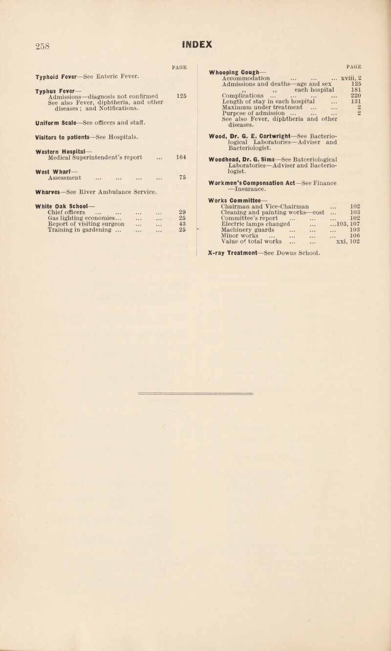 PAGE Typhoid Fever—See Enteric Fever. Typhus Fever- Admissions—diagnosis not confirmed 125 See also Fever, diphtheria, and other diseases ; and Notifications. Uniform Scale—See officers and staff. Visitors to patients—See Hospitals. Western Hospital— Medical Superintendent’s report .,. 164 West Wharf- Assessment ... ... ... ... 75 Wharves—See River Ambulance Service. White Oak School— Chief officers ... ... ... ... 29 Gas lighting economies... ... ... 25 Report of visiting surgeon ... ... 43 Training in gardening ... ... ... 25 PAGE Whooping Cough— Accommodation ... ... ... xviii, 2 Admissions and deaths—age and sex 125 ,, ,, each hospital 181 Complications ... ... ... ... 220 Length of stay in each hospital ... 131 Maximum under treatment ... ... 2 Purpose of admission ... ... ... 2 See also Fever, diphtheria and other diseases. Wood, Dr. G. E. Cartwright—See Bacterio¬ logical Laboratories—Adviser and Bacteriologist. Woodhead, Dr. G. Sims—See Batceriological Laboratories—Adviser and Bacterio¬ logist. Workmen’s Compensation Act—See Finance —Insurance. Works Committee— Chairman and Vice-Chairman 102 Cleaning and painting works—cost 103 Committee’s report 102 Electric lamps changed ...103,107 Machinery guards 103 Minor works 106 Value of total works xxi, 102 X-ray Treatment—See Downs School.