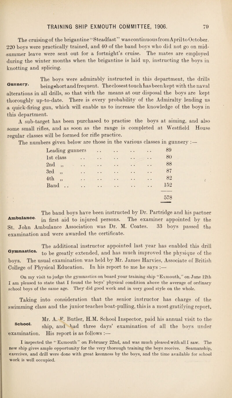 The cruisingof the brigantine “Steadfast” was continuous fromApril to October. 220 boys were practically trained, and 40 of the band boys who did not go on mid¬ summer leave were sent out for a fortnight’s cruise. The mates are employed during the winter months when the brigantine is laid up, instructing the boys in knotting and splicing. The boys were admirably instructed in this department, the drills Gunnery. beingehort and frequent. The closest touch has been kept with the naval alterations in all drills, so that with the means at our disposal the boys are kept thoroughly up-to-date. There is every probability of the Admiralty lending us a quick-firing gun, which will enable us to increase the knowledge of the boys in this department. A sub-target has been purchased to practise the boys at aiming, and also some small rifles, and as soon as the range is completed at Westfield House regular classes will be formed for rifle practice. The numbers given below are those in the various classes in gunnery :— Leading gunners . . . . . . . . 89 1st class 2nd ,, 3rd „ 4th Band 5? 80 88 87 82 152 578 The band boys have been instructed by Dr. Partridge and his partner Ambulance. to injured persons. The examiner appointed by the St. John Ambulance Association was Dr. M. Coates. 33 boys passed the examination and were awarded the certificate. The additional instructor appointed last year has enabled this drill Gymnastics. pe great]y extended, and has much improved the physique of the boys. The usual examination was held by Mr. James Harvies, Associate of British College of Physical Education. In his report to me he says :— On my visit to judge the gymnastics on board your training ship “Exmouth,” on June 12th I am pleased to state that I found the boys’ physical condition above the average of ordinary school boys of the same age. They did good work and in very good style on the whole. Taking into consideration that the senior instructor has charge of the swimming class and the junior teaches boat-pulling, this is a most gratifying report. Mr. A. E. Butler, H.M. School Inspector, paid his annual visit to the ship, and had three days’ examination of all the boys under examination. His report is as follows :— I inspected the “Exmouth” on February 22nd, and was much pleased with all I saw. The new ship gives ample opportunity for the very thorough training the boys receive. Seamanship, exercises, and drill were done with great keenness by the boys, and the time available for school work is well occupied.