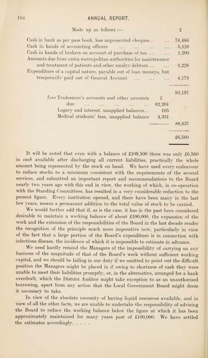 Made up as follows :— £ Cash in bank as per pass book, less unpresented cheques... ... 76,466 Cash in hands of accounting officers ... ... ... ... 5,126 Cash in hands of brokers on account of purchase of tea ... ... 1,200 Amounts due from extra metropolitan authorities for maintenance and treatment of patients and other sundry debtors. 6,226 Expenditure of a capital nature, payable out of loan moneys, but temporarily paid out of General Account . 4,179 93,197 Less Tradesmen’s accounts and other amounts £ due . 82,201 Legacy and interest, unapplied balances... 105 Medical students’ fees, unapplied balance 4,331 - 86,637 £6,560 It will be noted that even with a balance of £109,500 there was only £6,560 in cash available after discharging all current liabilities, practically the whole amount being represented by the stock on hand. We have used every endeavour to reduce stocks to a minimum consistent with the requirements of the several services, and submitted an important report and recommendations to the Board nearly two years ago with this end in view, the working of which, in co-operation with the Standing Committees, has resulted in a very considerable reduction to the present figure. Every institution opened, and there have been many in the last few years, means a permanent addition to the total value of stock to be carried. Me would further add that if, as is the case, it has in the past been considered desirable to maintain a working balance of about £100,000, the expansion of the work and the extension of the responsibilities of the Board in the last decade render the recognition of the principle much more imperative now, particularly in view of the fact that a large portion of the Board’s expenditure is in connection with infectious disease, the incidence of which it is impossible to estimate in advance. We need hardly remind the Managers of the impossibility of carrying on any business of the magnitude of that of the Board’s work without sufficient working capital, and we should be failing in our duty if we omitted to point out the difficult position the Managers might be placed in if owing to shortness of cash they were unable to meet their liabilities promptly, or, in the alternative, arranged for a bank overdraft, which the District Auditor might take exception to as an unauthorised borrowing, apart from any action that the Local Government Board might deem it necessary to take. «/ In view of the absolute necessity of having liquid resources available, and in view of all the other facts, we are unable to undertake the responsibility of advising the Board to reduce the working balance below the figure at which it has been approximately maintained for many years past of £100,000. We have settled the estimates accordingly.