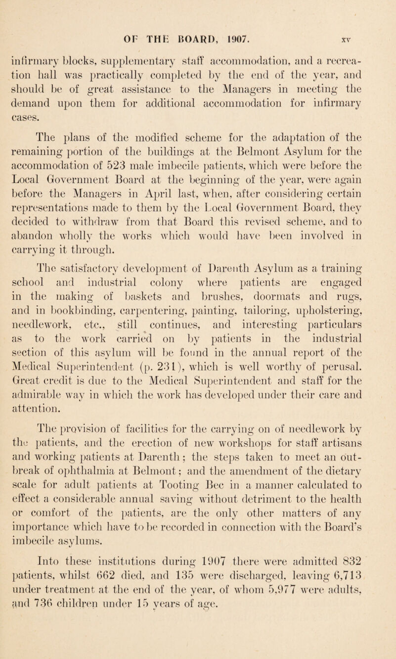 infirmary blocks, supplementary staff accommodation, and a recrea¬ tion hall was practically completed by the end of the year, and should be of great assistance to the Managers in meeting the demand upon them for additional accommodation for infirmary cases. The plans of the modified scheme for the adaptation of the remaining portion of the buildings at the Belmont Asylum for the accommodation of 523 male imbecile patients, which were before the Local Government Board at the beginning of the year, were again before the Managers in April last, when, after considering certain representations made to them by the Local Government Board, they decided to withdraw from that Board this revised scheme, and to abandon wholly the works which would have been involved in carrying it through. The satisfactory development of Dare nth Asylum as a training school and industrial colony where patients are engaged in the making of baskets and brushes, doormats and rugs, and in bookbinding, carpentering, painting, tailoring, upholstering, needlework, etc., still continues, and interesting particulars as to the work carried on by patients in the industrial section of this asylum will be found in the annual report of the Medical Superintendent (p. 231), which is well worthy of perusal. Great credit is due to the Medical Superintendent and staff for the admirable way in which the work has developed under their care and attention. The provision of facilities for the carrying on of needlework by the patients, and the erection of new workshops for staff artisans and working patients at Darenth; the steps taken to meet an out¬ break of ophthalmia at Belmont; and the amendment of the dietary scale for adult patients at Tooting Bee in a manner calculated to effect a considerable annual saving without detriment to the health or comfort of the patients, are the only other matters of any importance which have to be recorded in connection with the Board’s imbecile asylums. Into these institutions during 1907 there were admitted 832 patients, whilst 662 died, and 135 were discharged, leaving 6,713 under treatment at the end of the year, of whom 5,977 were adults, and 736 children under 15 vears of age.