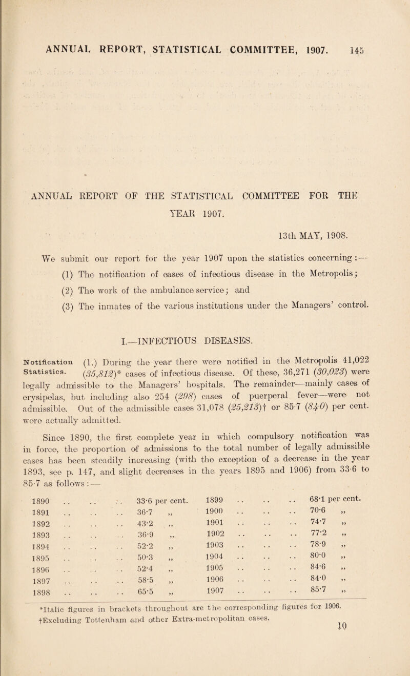 ANNUAL REPORT OF THE STATISTICAL COMMITTEE FOR THE YEAR 1907. 13th MAY, 1908. We submit our report for the year 1907 upon the statistics concerning: — (1) The notification of oases of infectious disease in the Metropolis; (2) The work of the ambulance service; and (3) The inmates of the various institutions under the Managers’ control. I.—INFECTIOUS DISEASES. Notification (1.) During the year there were notified in the Metropolis 41,022 Statistics. (85,812)* cases of infectious disease. Of these, 36,271 (30,028) were legally admissible to the Managers’ hospitals. The remainder'—mainly cases of erysipelas., but including also 254 (298) cases of puerperal fever were not admissible. Out of the admissible cases 31,078 (25,213)f or 85-7 (8J/1J) per cent. were actually admitted. Since 1890, the first complete year in which compulsory notification was in force, the proportion of admissions to the total number of legally admissible cases has been steadily increasing (with the exception of a decrease in the year 1893, see p. 147, and slight decreases in the years 1895 and 1906) from 33-6 to 85-7 as follows :—- 1890 1891 1892 1893 1894 1895 1896 1897 1898 33-6 per cent. 36-7 43-2 36-9 52-2 50-3 52-4 58-5 65-5 1899 1900 1901 1902 1903 1904 1905 1906 1907 68T per cent. 70-6 74-7 77- 2 „ 78- 9 80-0 84*6 84- 0 85- 7 ♦Italic figures in brackets throughout are the corresponding figures for 1906. fExcluding Tottenham 'and other Extra-metropolitan cases. 10